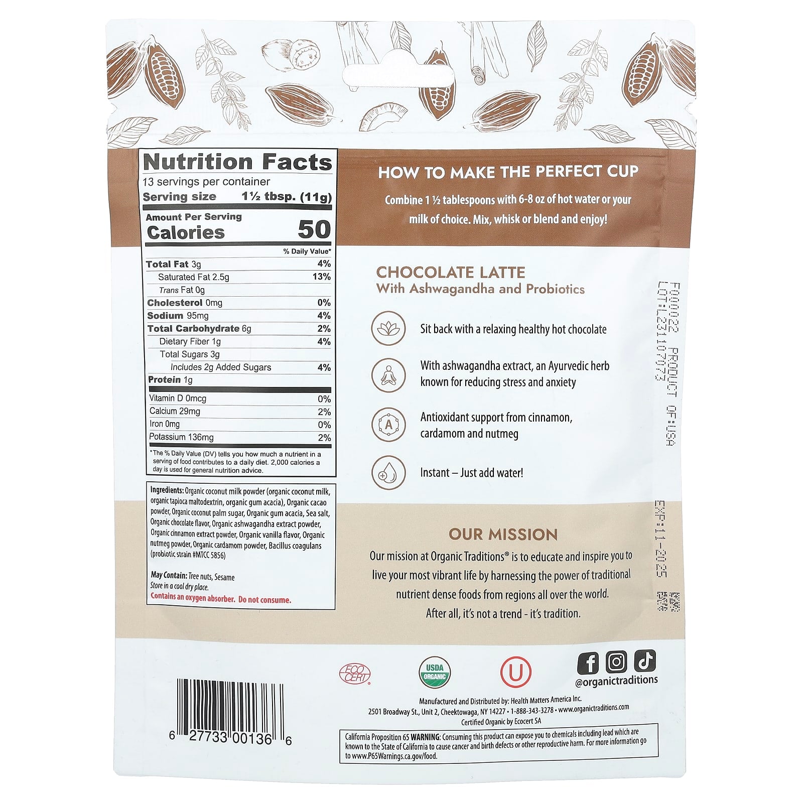 Organic Traditions, Chocolate Latte with Ashwagandha and Probiotics, 5.3 oz (150 g) - Image 2