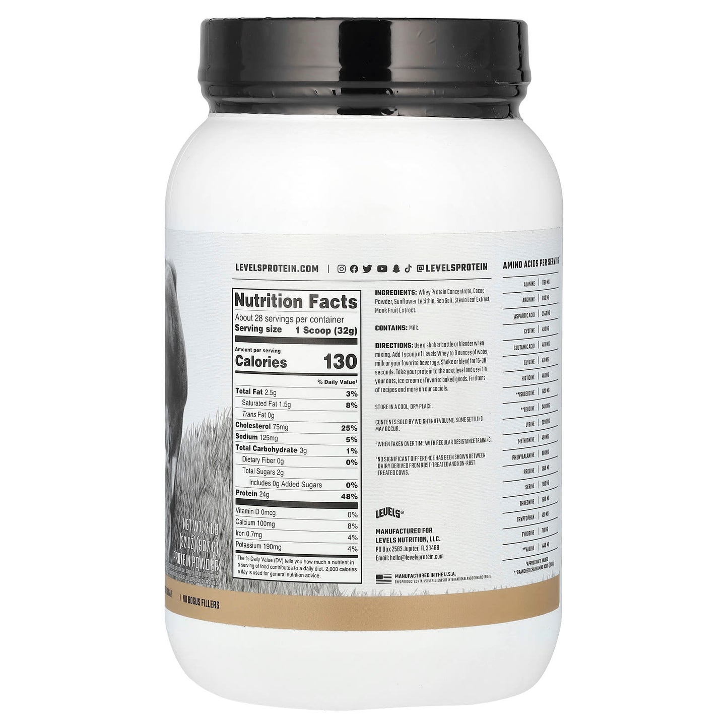 Levels, Grass Fed Whey Protein Powder, Pure Chocolate , 2 lb (907 g) - Image 2