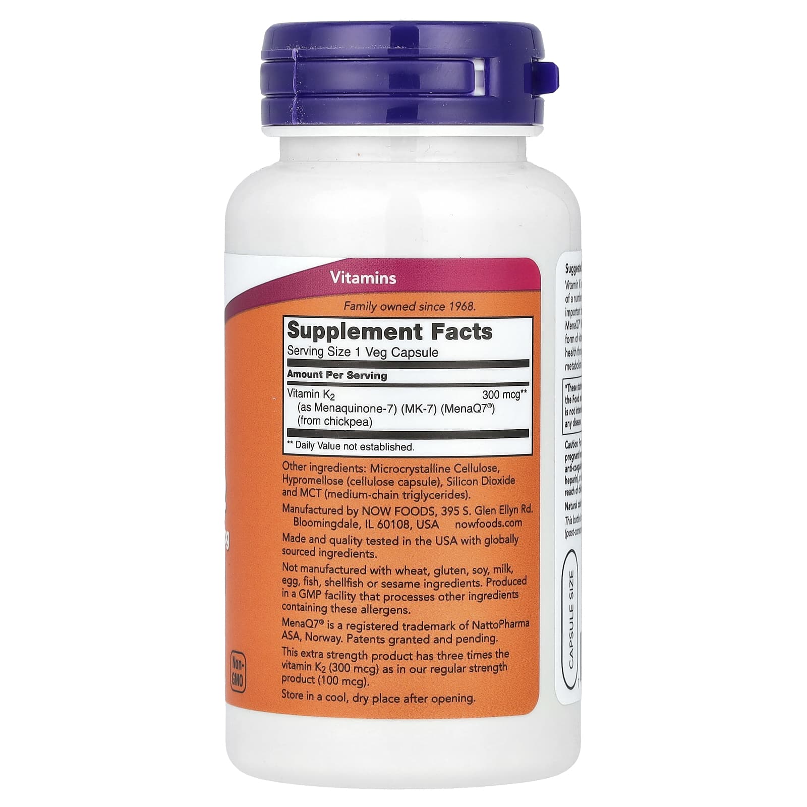 NOW Foods, MK-7, Vitamin K-2, Extra Strength, 300 mcg, 120 Veg Capsules - Image 2