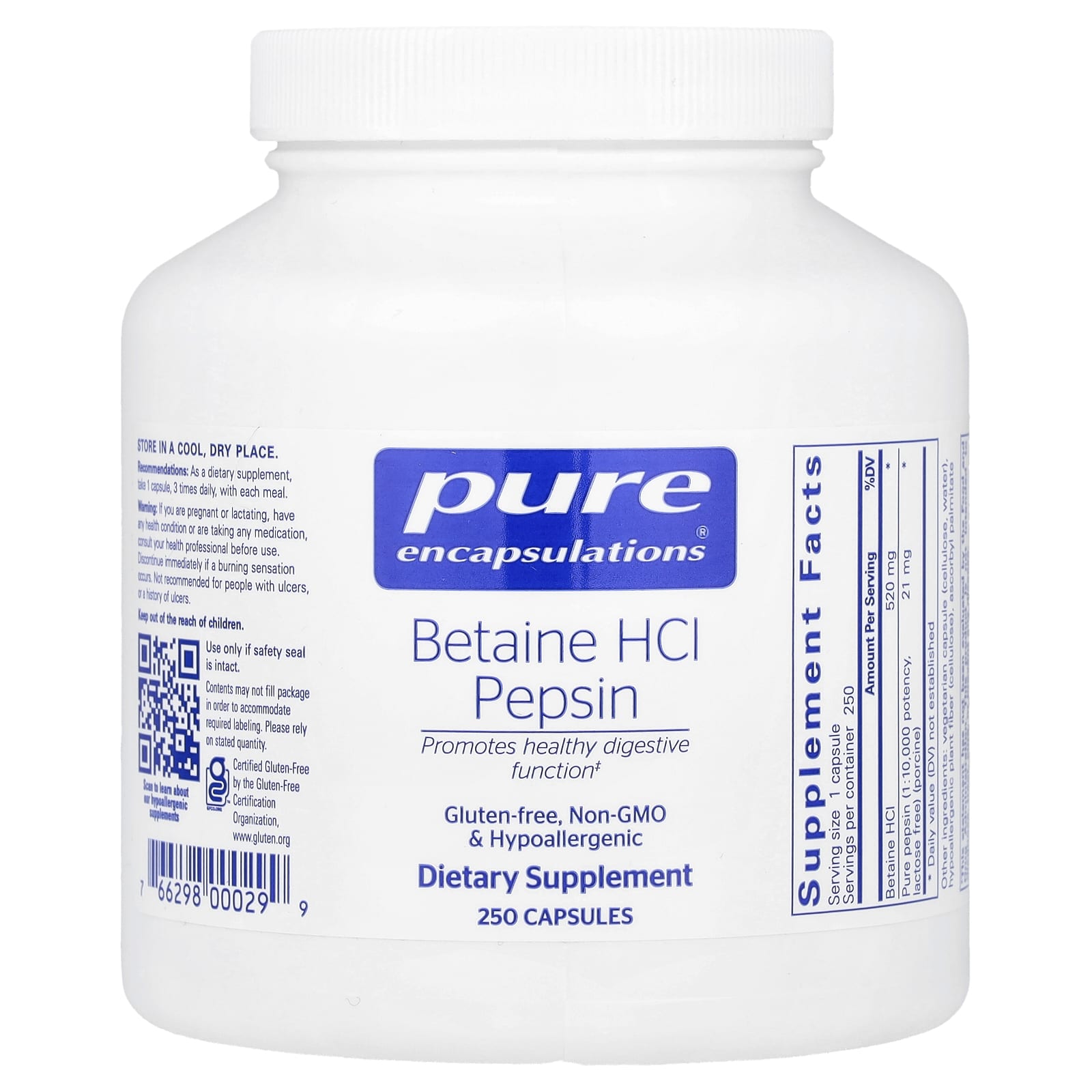 Pure Encapsulations, Betaine HCl Pepsin, 250 Capsules - Image 1
