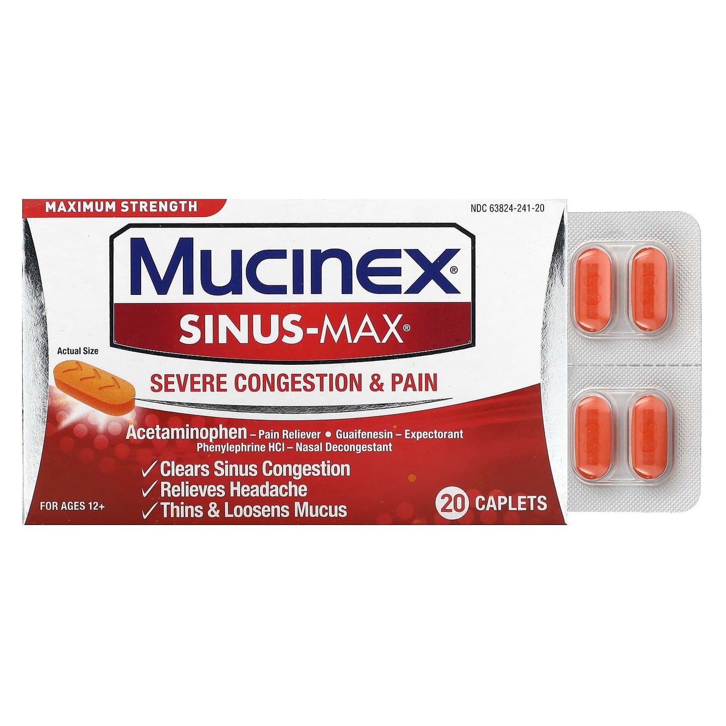 Mucinex, Sinus-Max, Severe Congestion & Pain, Maximum Strength, For Ages 12+, 20 Caplets - Image 1