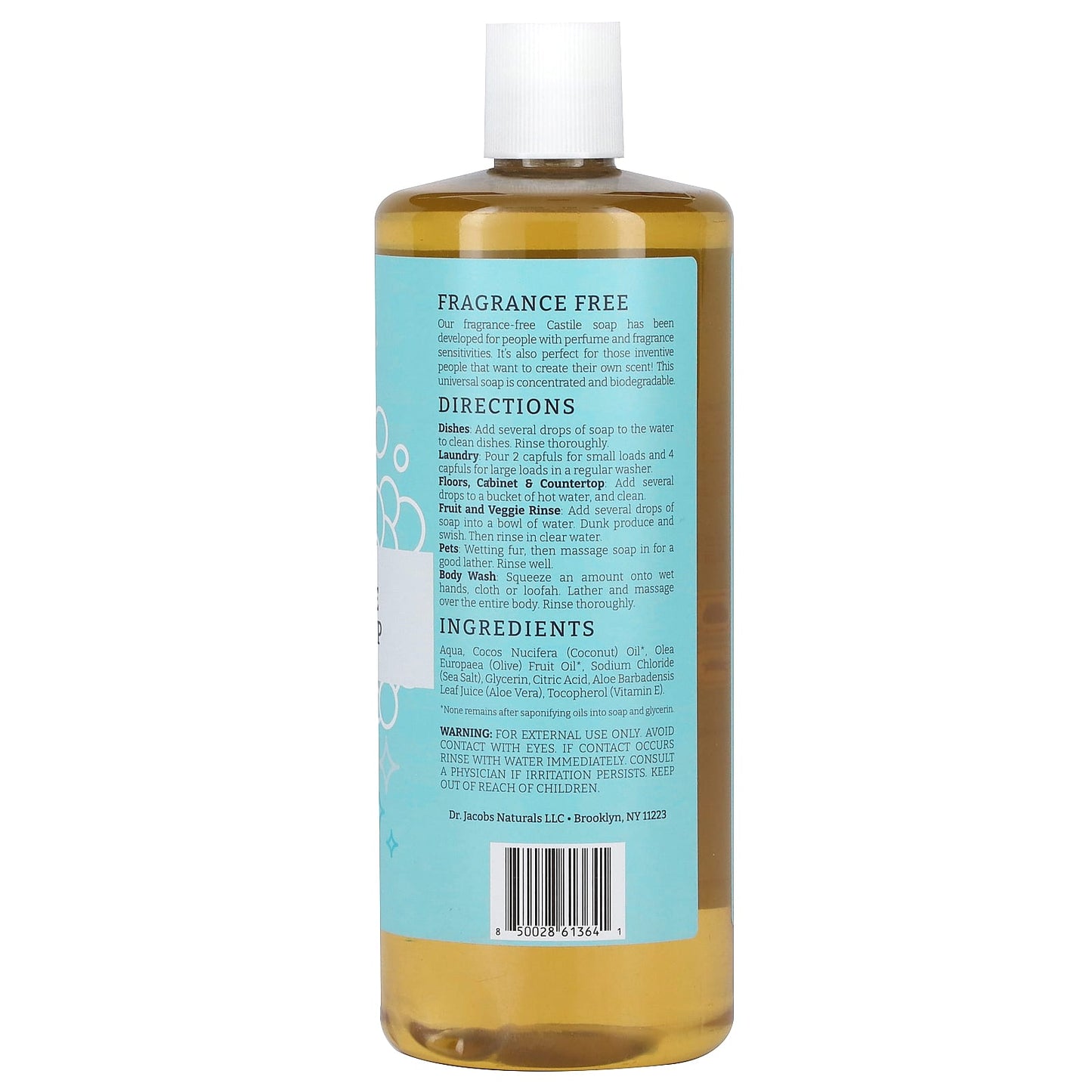 Dr. Jacobs Naturals Plant-Based Castile Soap, 32 oz, Fragrance-Free - Image 2