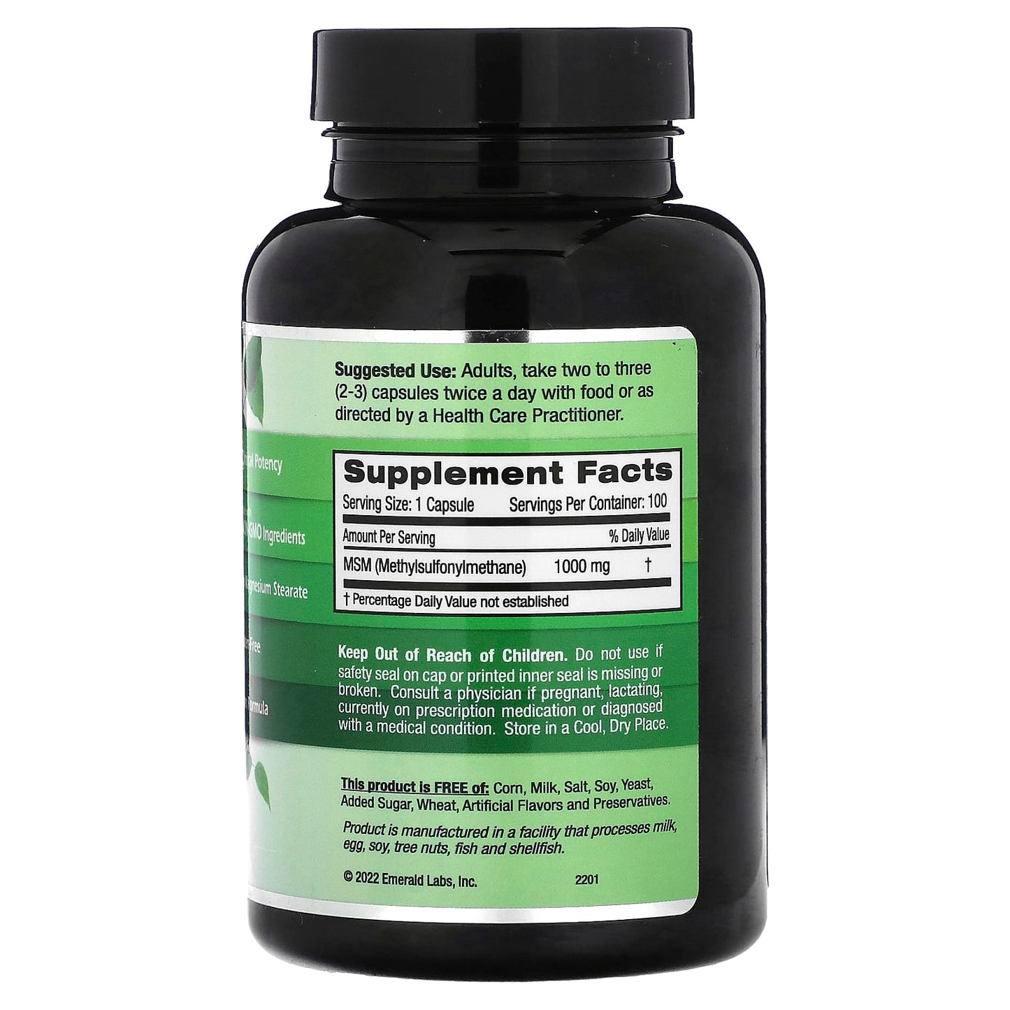 Emerald Laboratories MSM 1000 Capsules - 100 Veggie Capsules per Bottle - Image 2