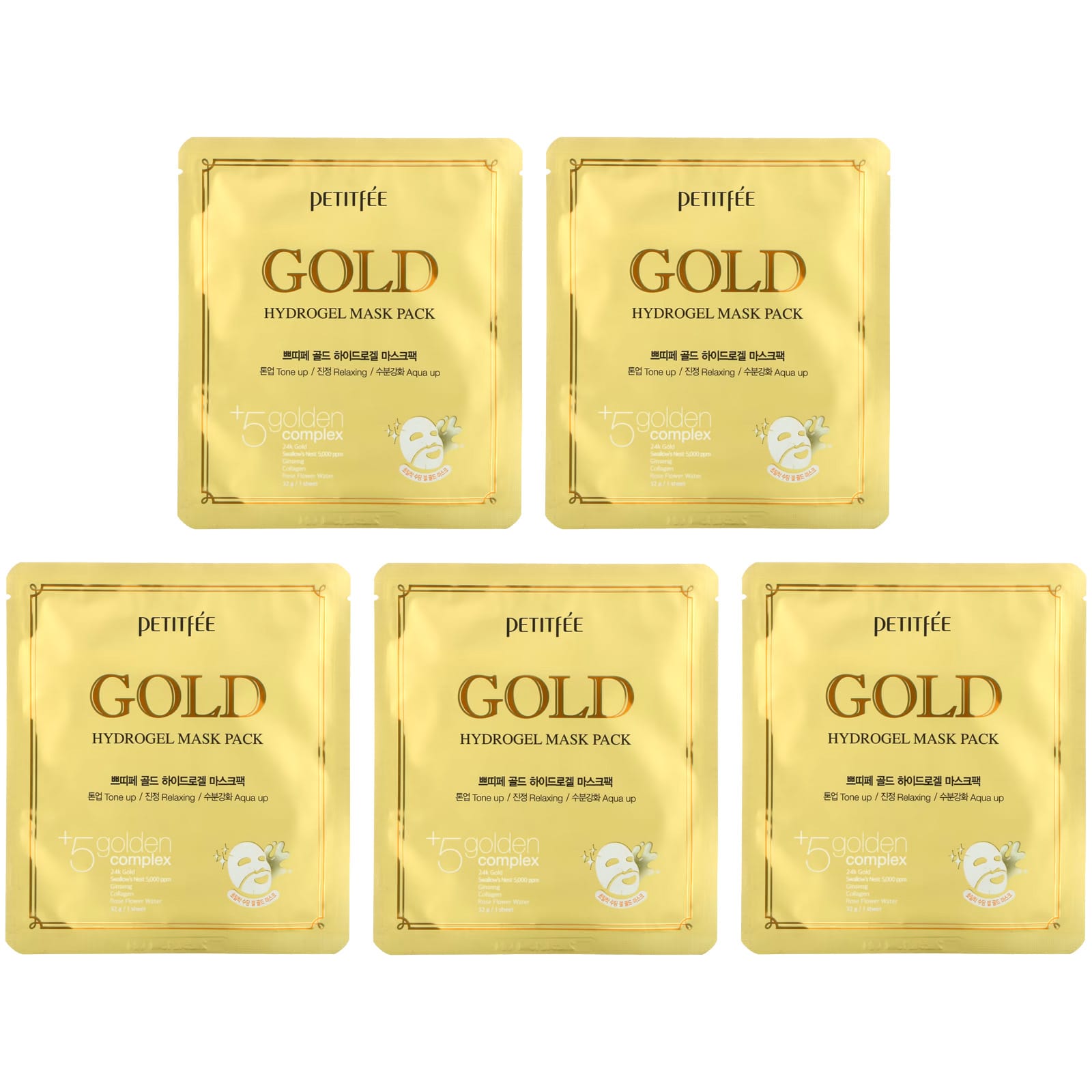Petitfee, Gold Hydrogel Beauty Mask Pack, 5 Sheets, 32 g Each - Image 1