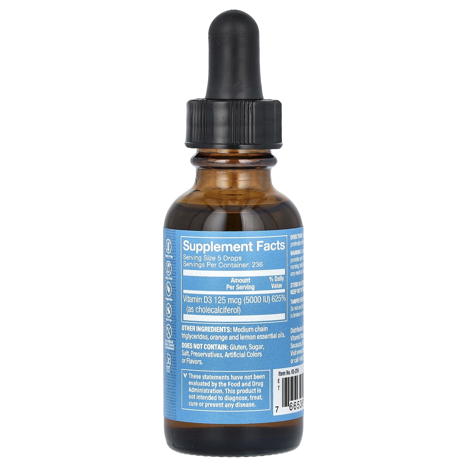 The Vitamin Shoppe, Liquid Vitamin D3, Citrus, 125 mcg (5,000 IU), 1 fl oz (30 ml) - Image 2