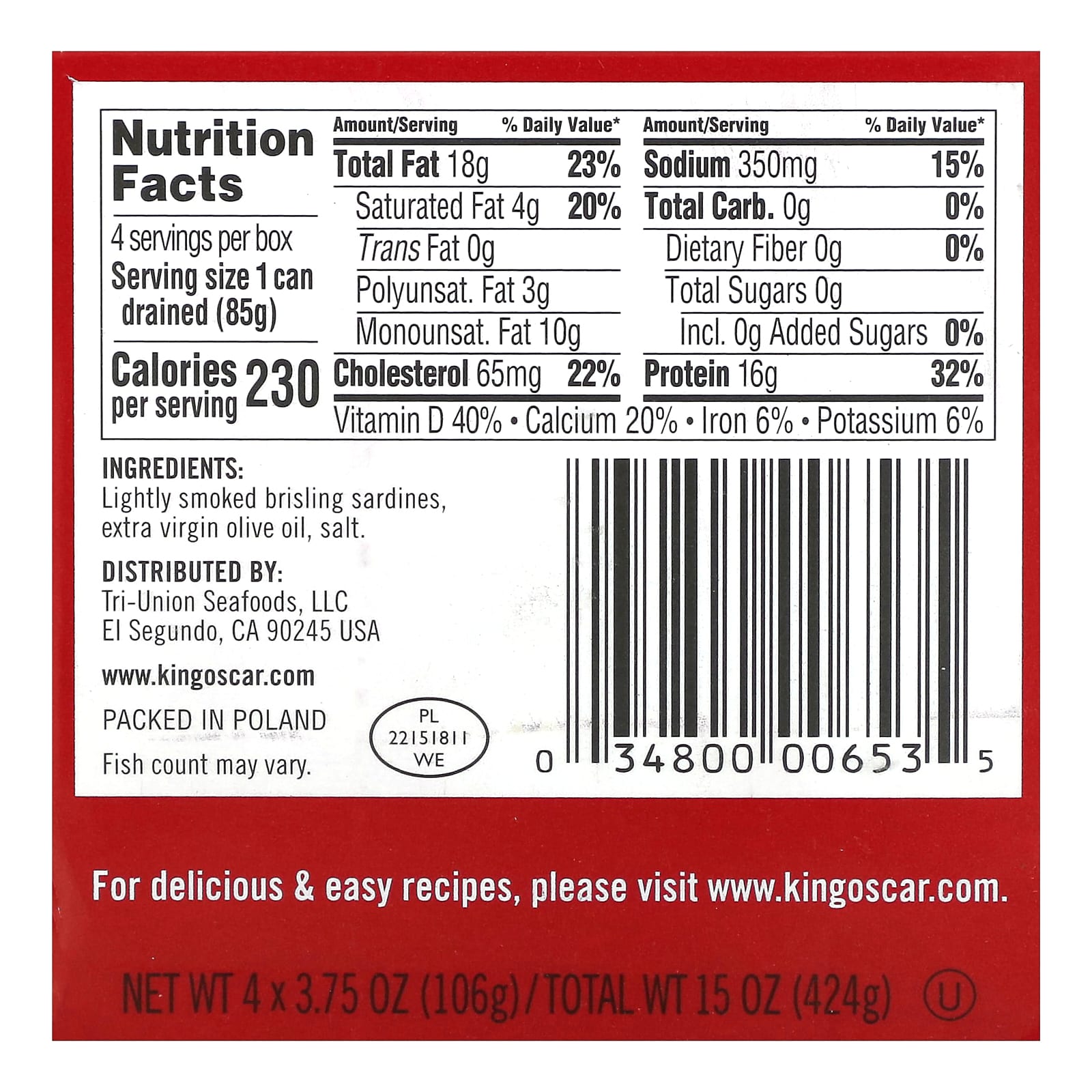 King Oscar, Wild Caught Sardines In Extra Virgin Olive Oil, 4 Cans, 3.75 oz (106 g) Each - Image 2