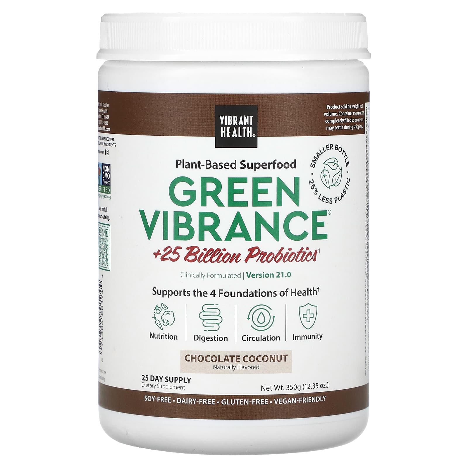 Vibrant Health, Green Vibrance +25 Billion Probiotics, Version 21.0, Chocolate Coconut, 12.35 oz (350 g) - Image 1
