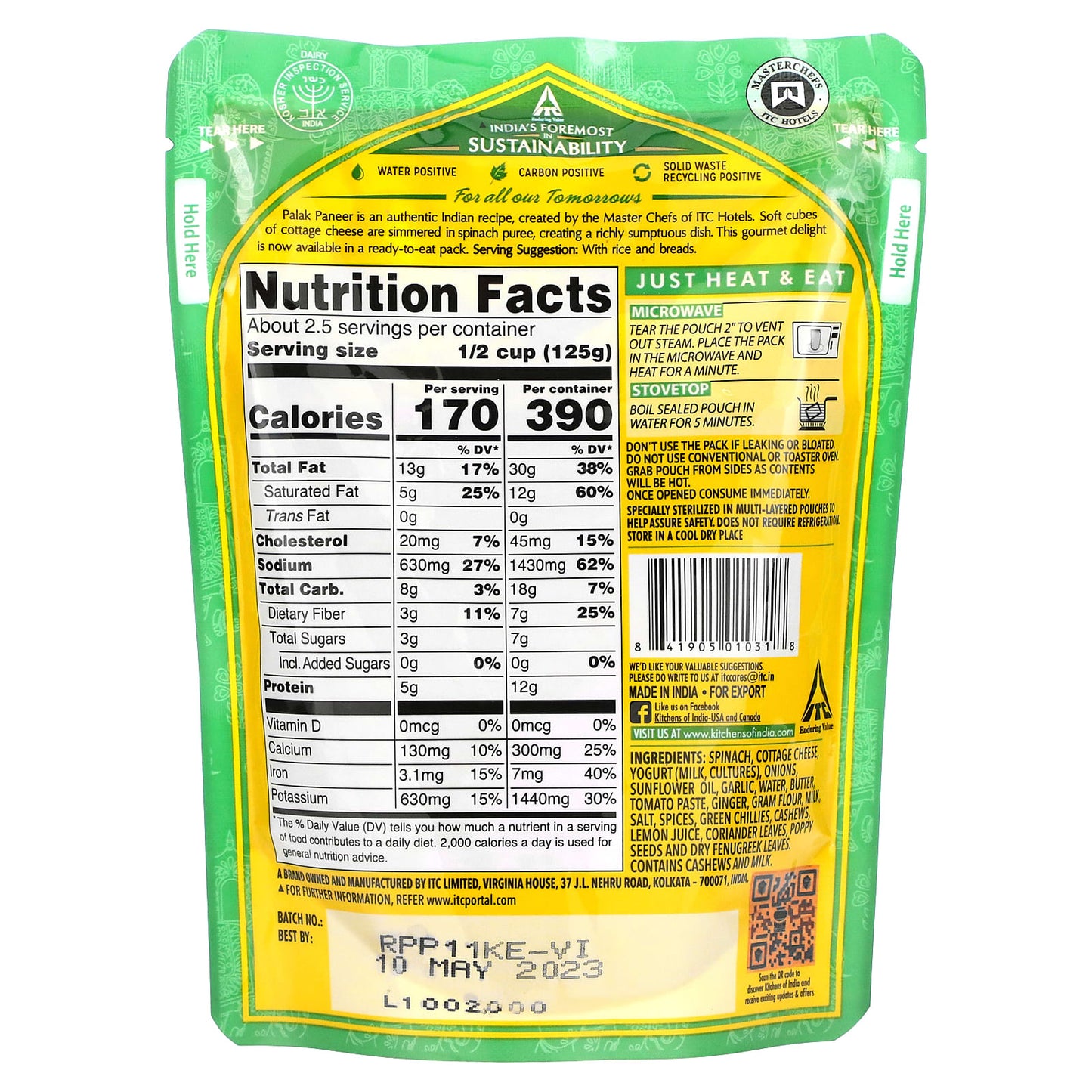 Kitchens of India, Palak Paneer, Spinach with Cottage Cheese and Sauce, Mild, 10 oz (285 g) - Image 2
