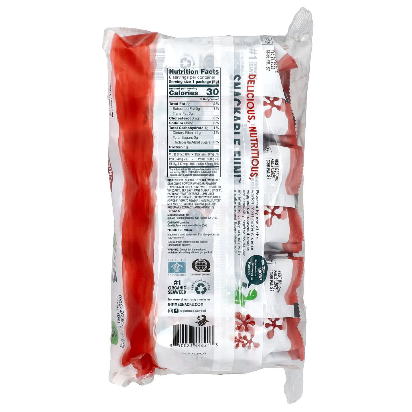 Delicious & Nutritious gimMe Seaweed Snacks, Chili Lime, 6 Pack - Image 2