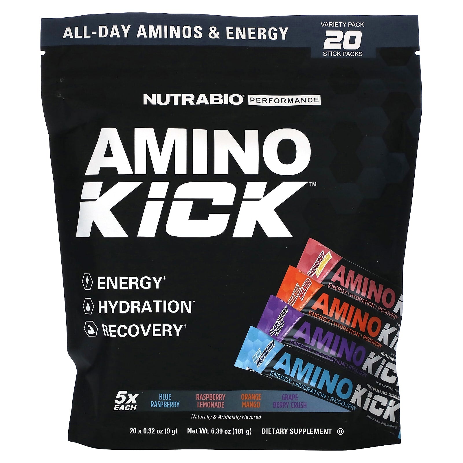NutraBio, Amino Kick, Variety Pack, 20 Sticks, 0.32 oz (9 g) Each - Image 1