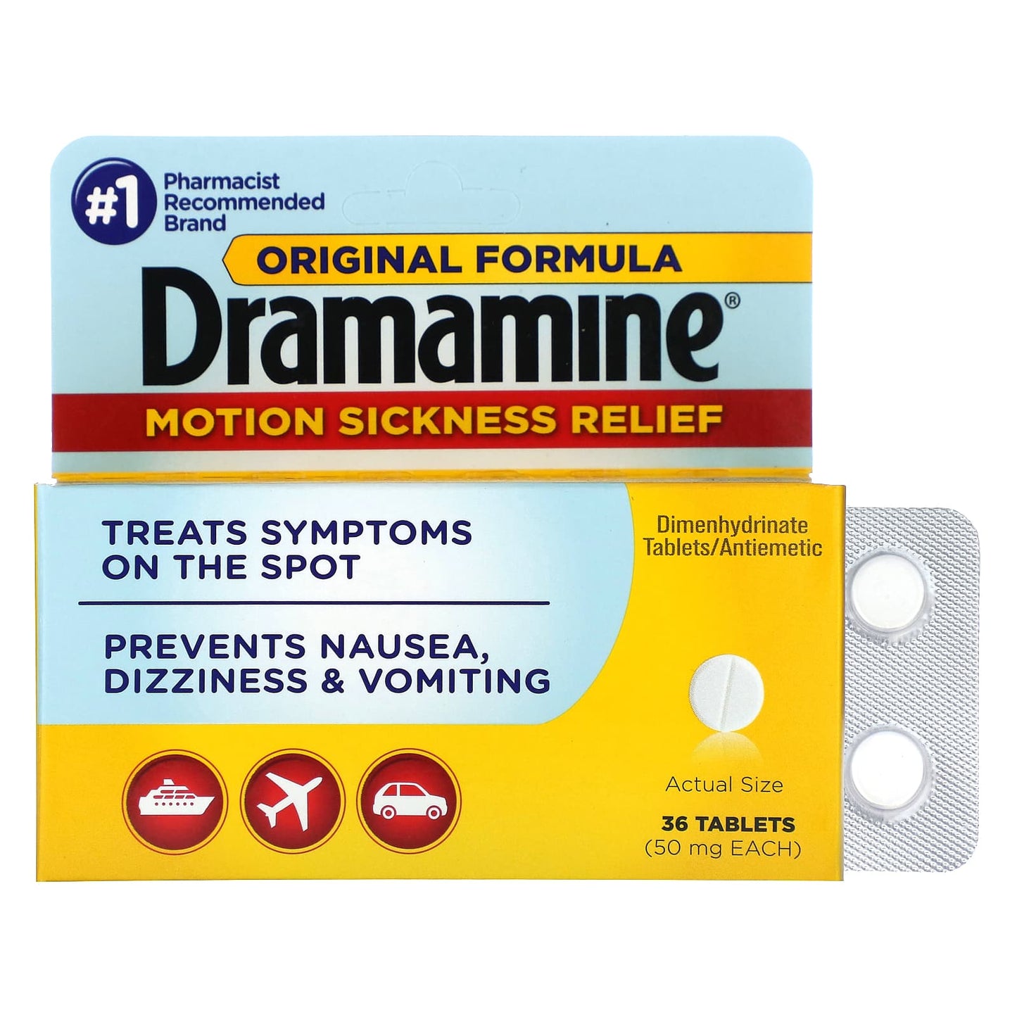 Dramamine Motion Sickness Relief 50mg Tablets, 36 Count - Image 1