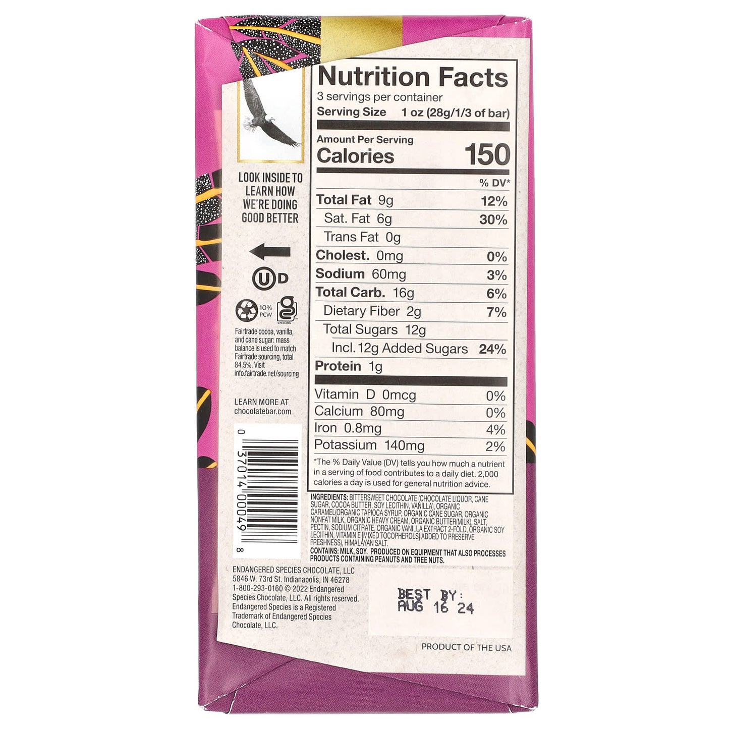 Endangered Species Dark Chocolate Bars, Caramel & Sea Salt, 60% Cocoa, 3 oz - Image 2