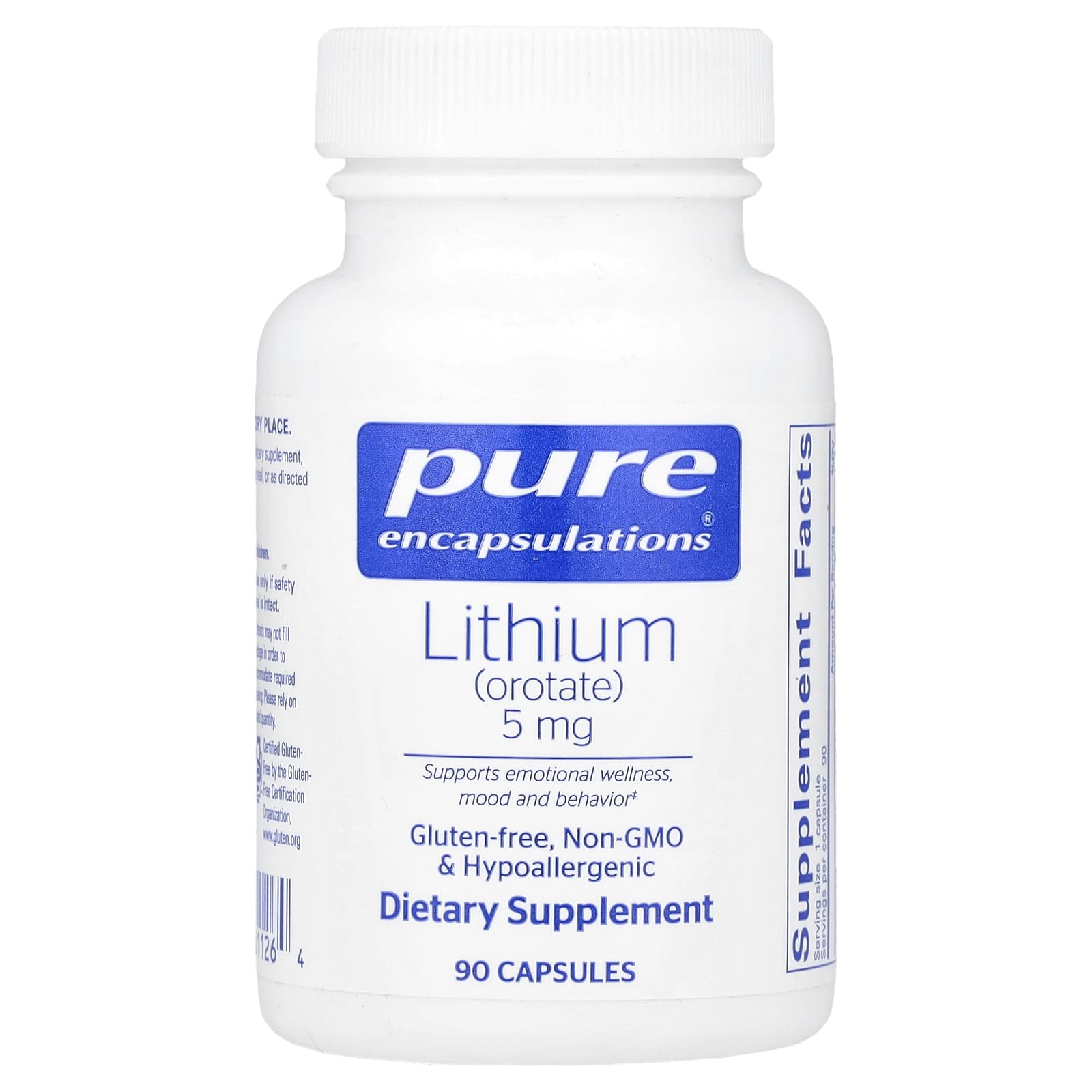 Pure Encapsulations, Lithium (Orotate), 5 mg, 90 Capsules - Image 1