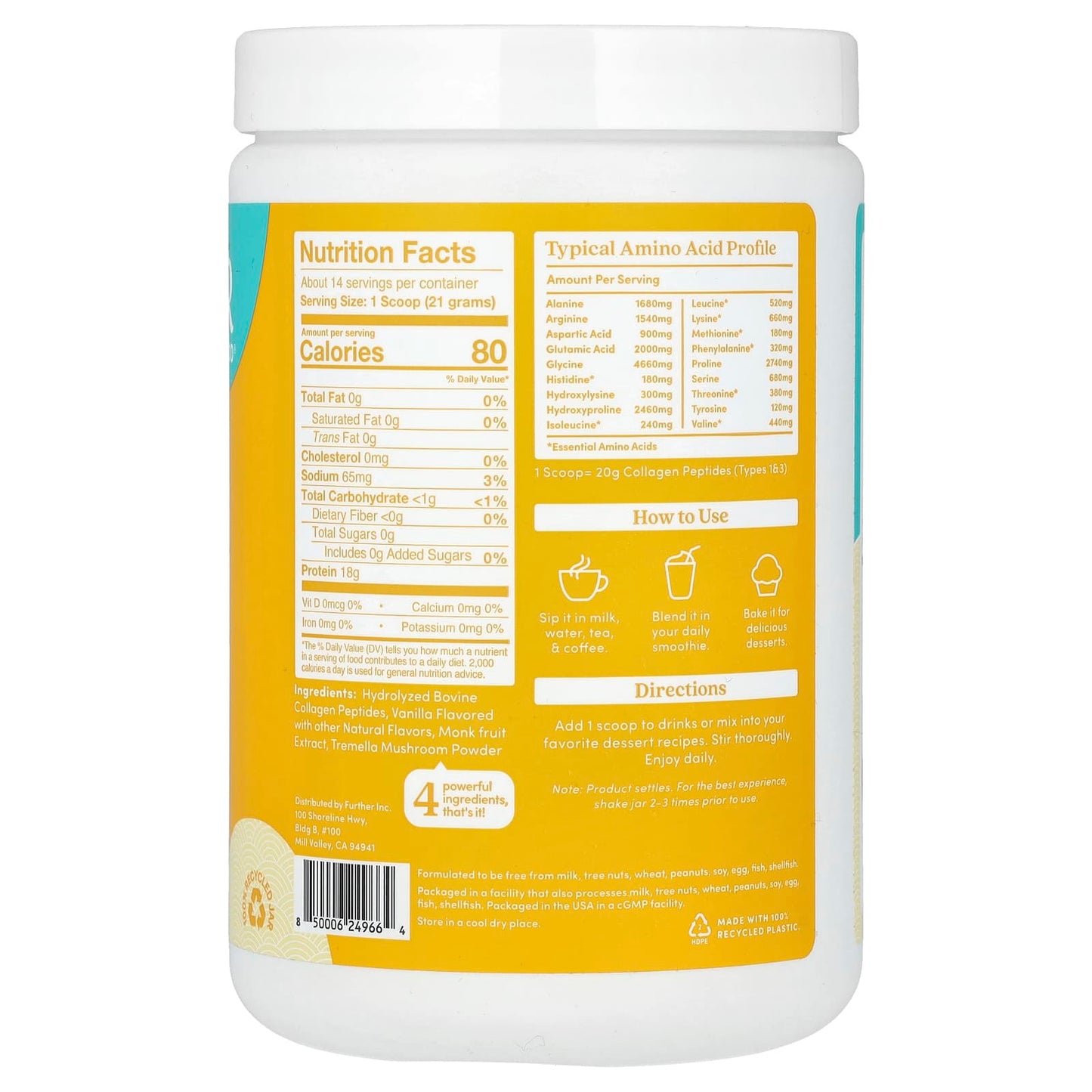 Grass-Fed Collagen Peptides + Tremella Mushroom, Vanilla, 20g Collagen Per Serving - Image 2