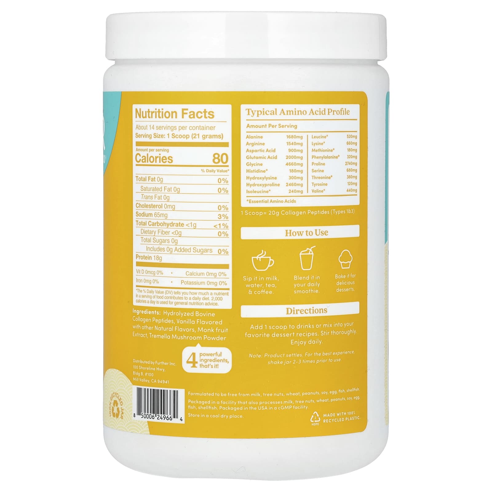Grass-Fed Collagen Peptides + Tremella Mushroom, Vanilla, 20g Collagen Per Serving - Image 2