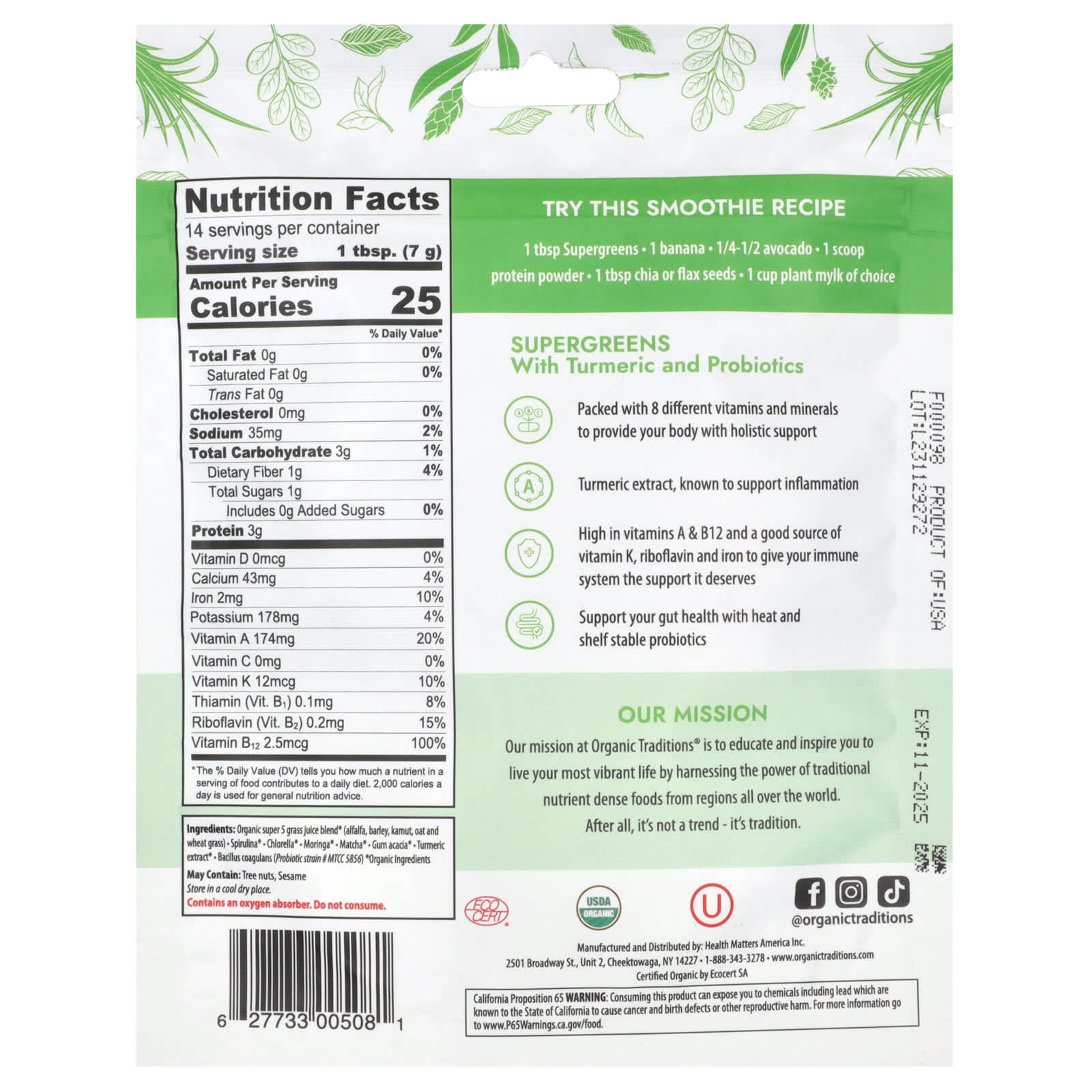Organic Traditions, Supergreens with Turmeric and Probiotics, 3.5 oz (100 g) - Image 2