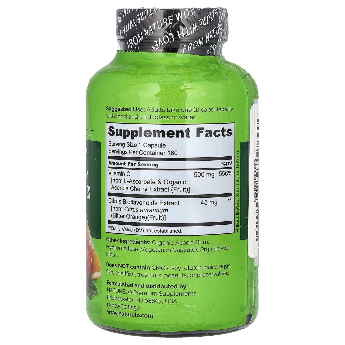 NATURELO, Vitamin C With Acerola Cherries Plus Citrus Bioflavonoids, 180 Vegetarian Capsules - Image 2