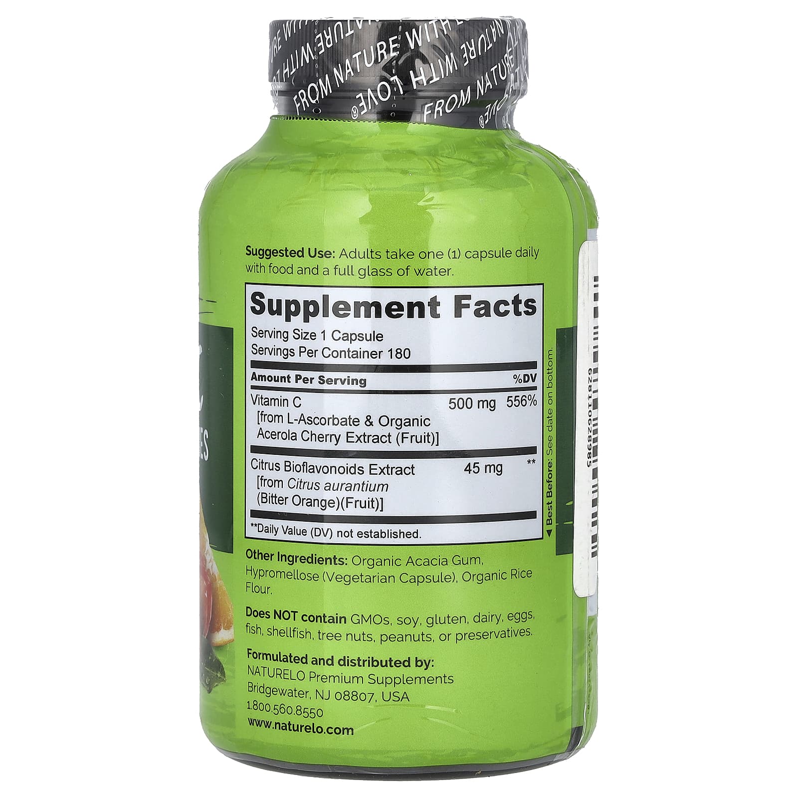NATURELO, Vitamin C With Acerola Cherries Plus Citrus Bioflavonoids, 180 Vegetarian Capsules - Image 2