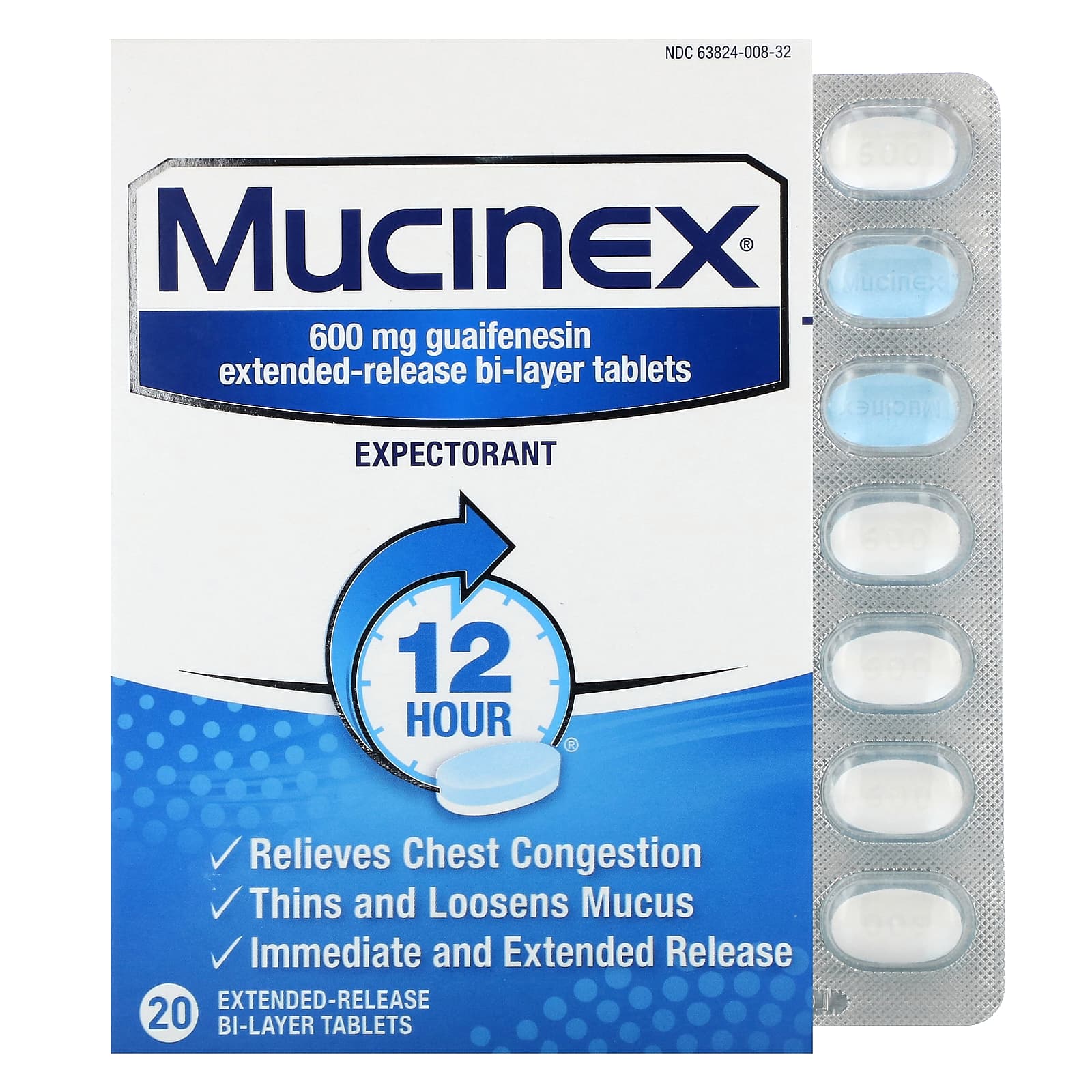Mucinex, 600 mg, 20 Extended-Release Bi-Layer Tablets - Image 1