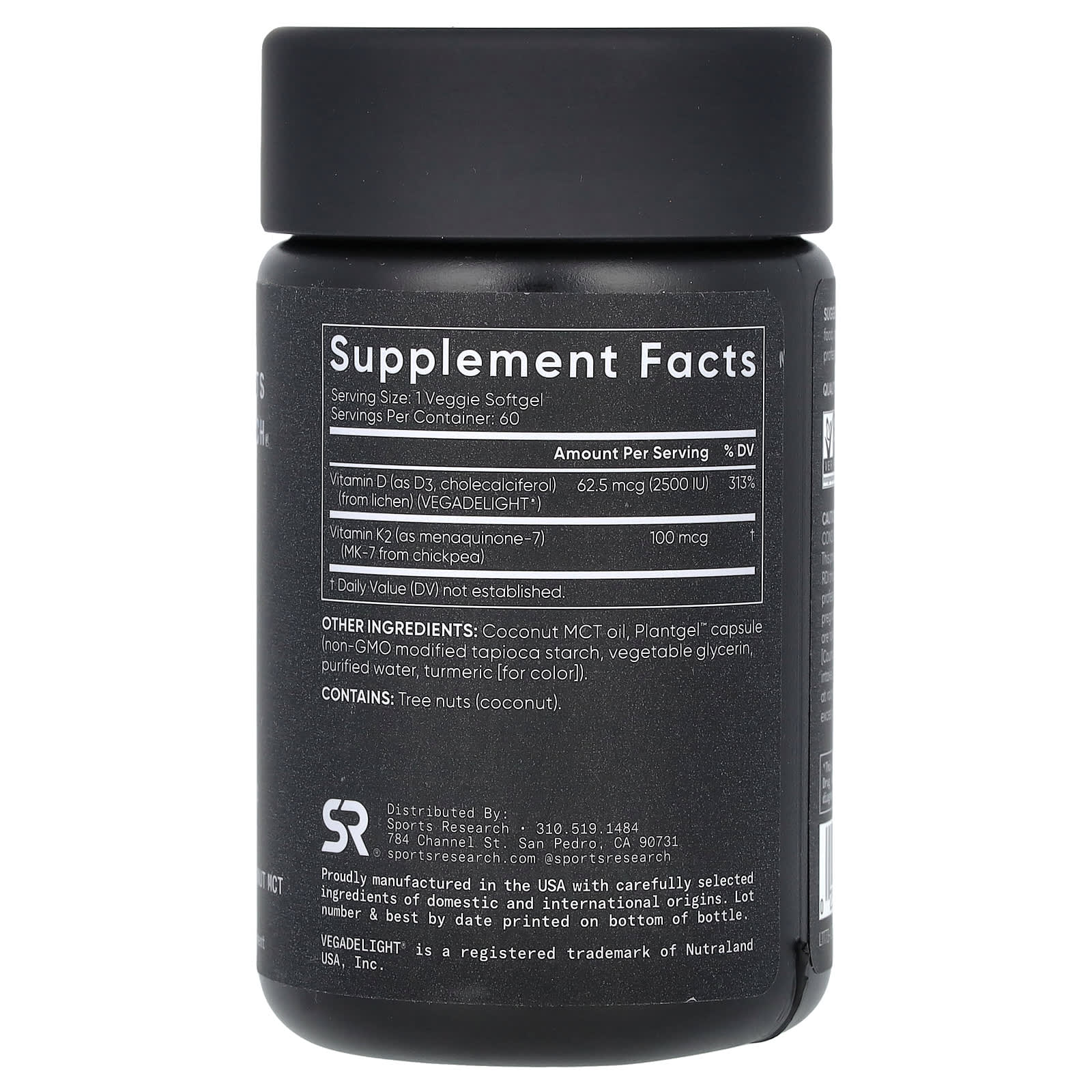 Sports Research, D3 + K2, Plant-Based, 62.5 mcg/100 mcg, 60 Veggie Softgels - Image 2