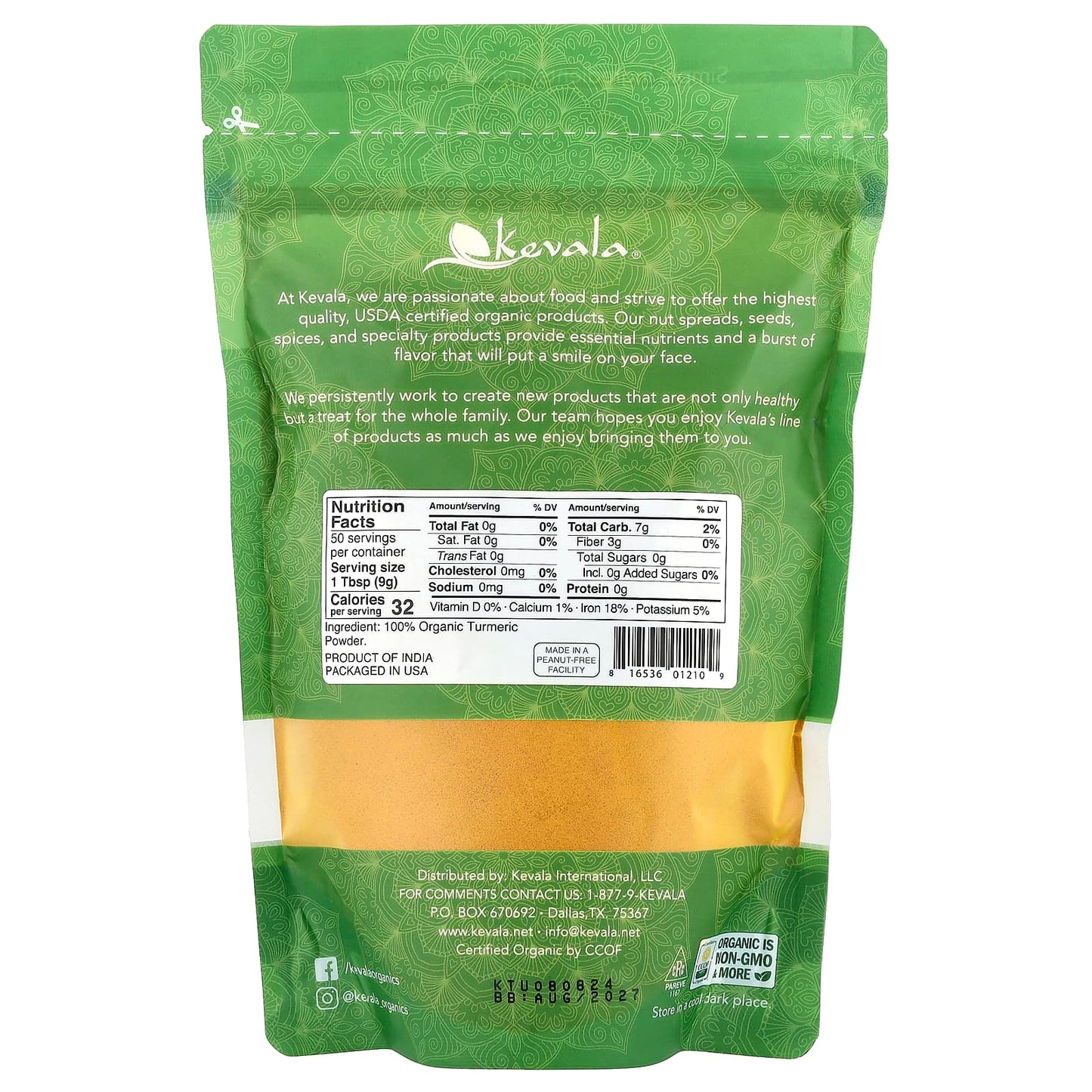 Kevala, Organic Turmeric Root Powder, 16 oz (454 g) - Image 2
