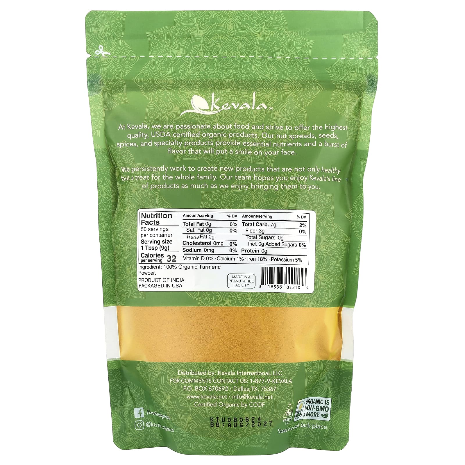 Kevala, Organic Turmeric Root Powder, 16 oz (454 g) - Image 2