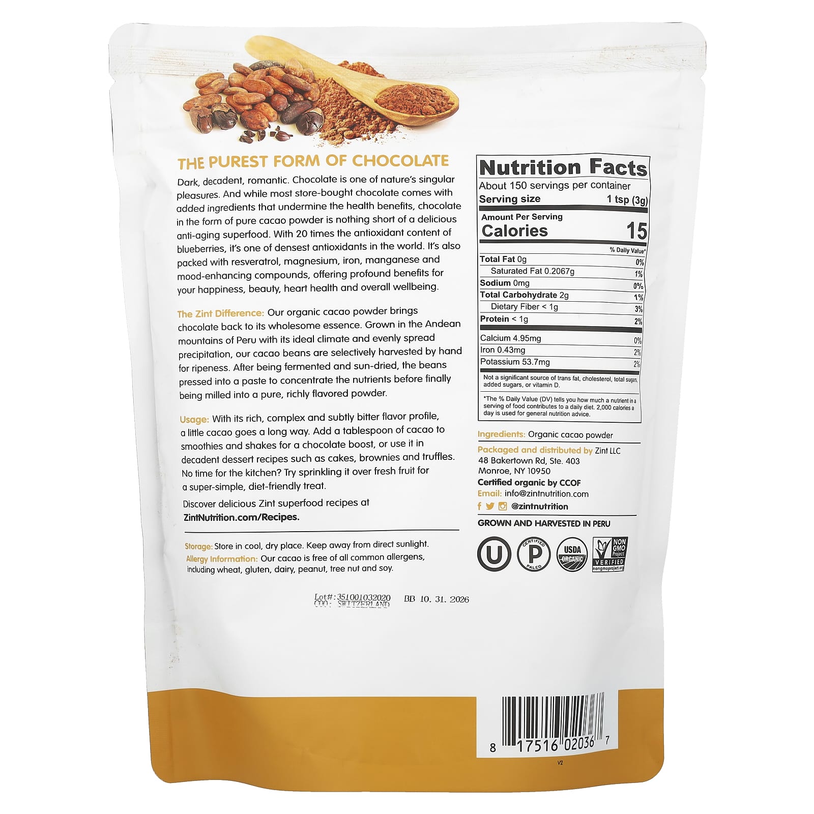 Zint, Pure Organic Cacao Powder, 16 oz (454 g) - Image 2