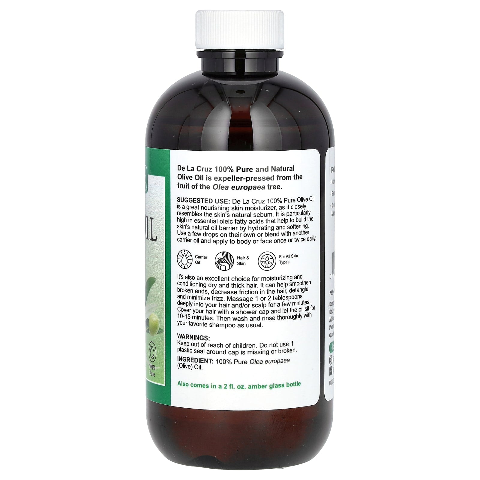 De La Cruz 100% Pure Olive Oil for Skin & Hair Moisturizer - Image 2