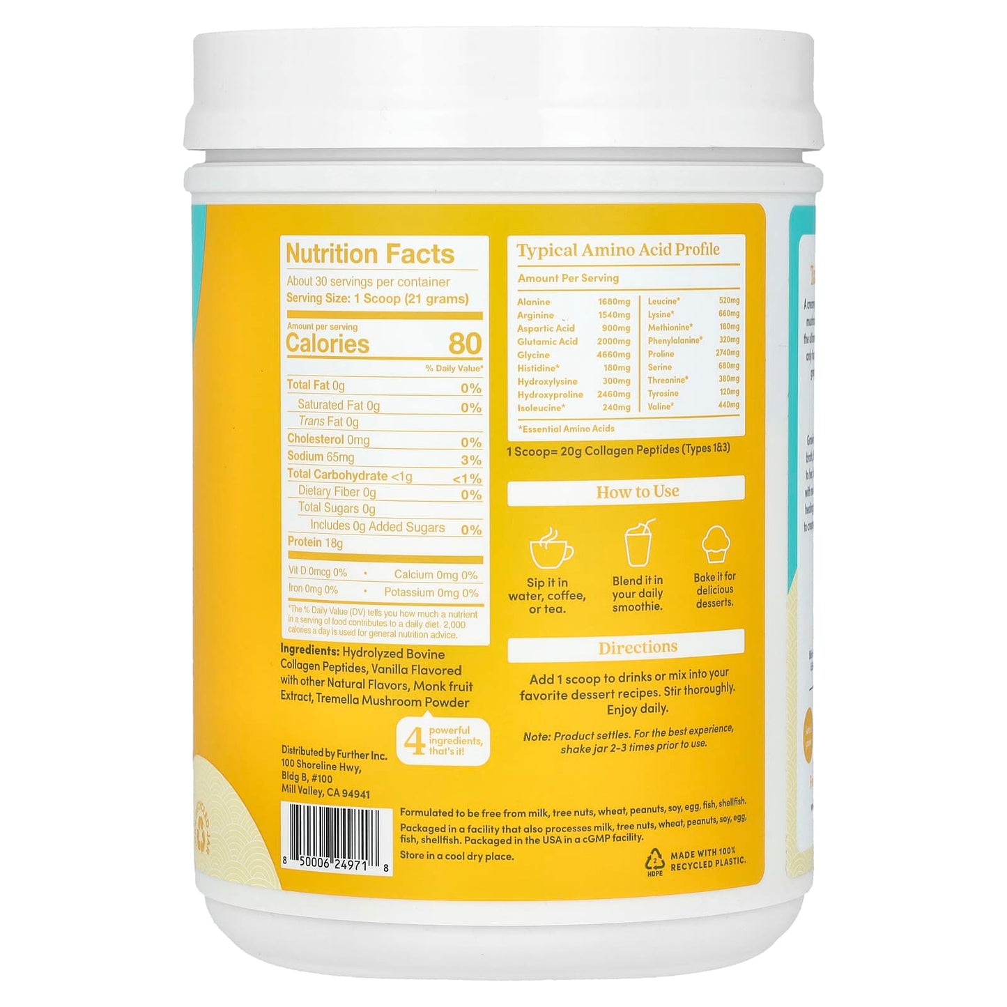 Further Food Grass-Fed Collagen Peptides with Tremella Mushroom Vanilla - Image 2