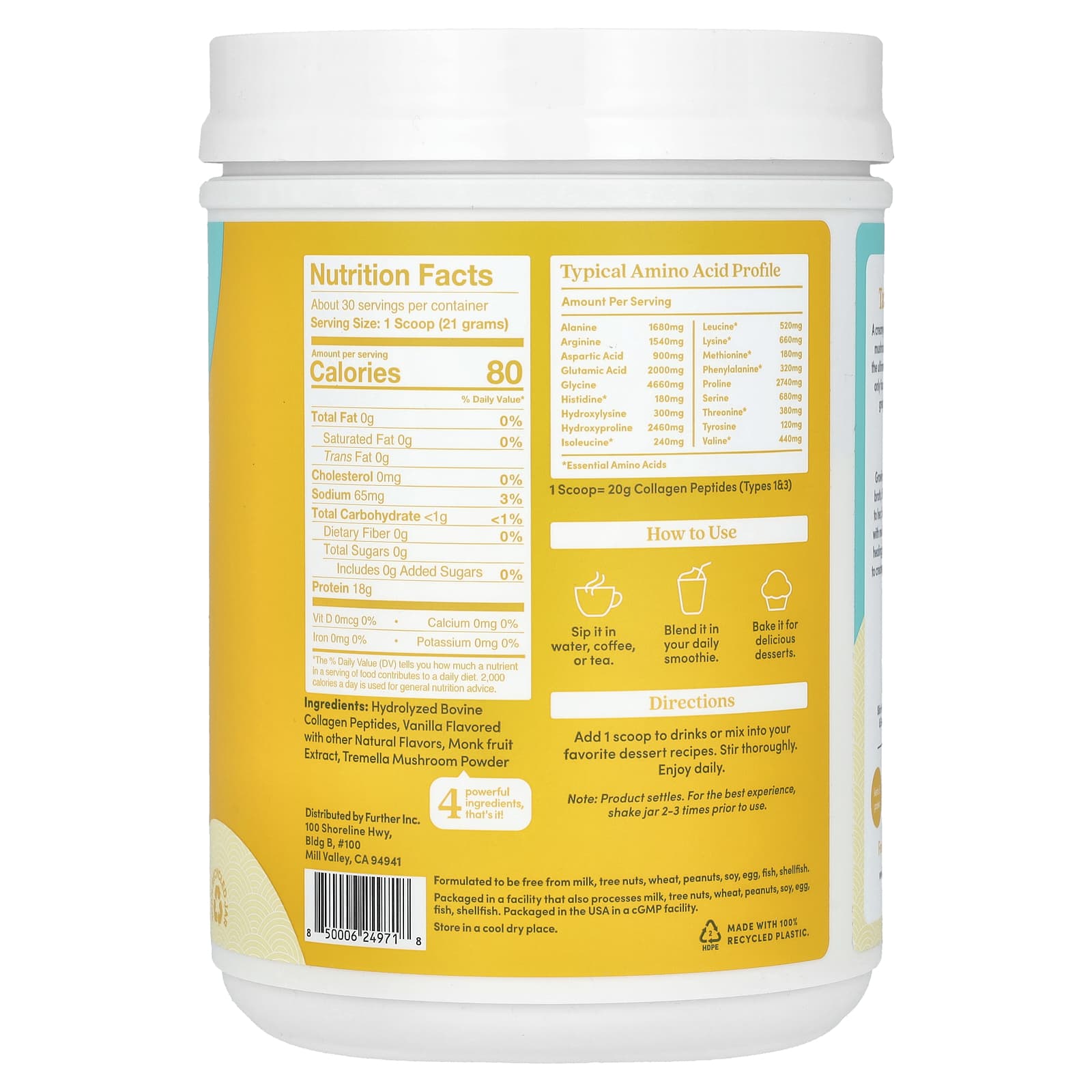 Further Food Grass-Fed Collagen Peptides with Tremella Mushroom Vanilla - Image 2