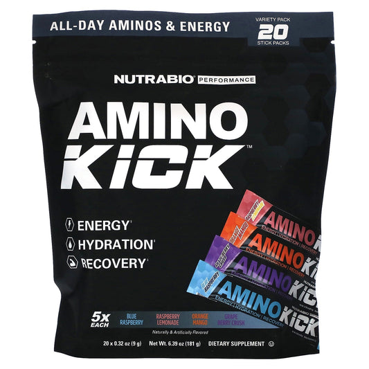 NutraBio, Amino Kick, Variety Pack, 20 Sticks, 0.32 oz (9 g) Each - Image 1