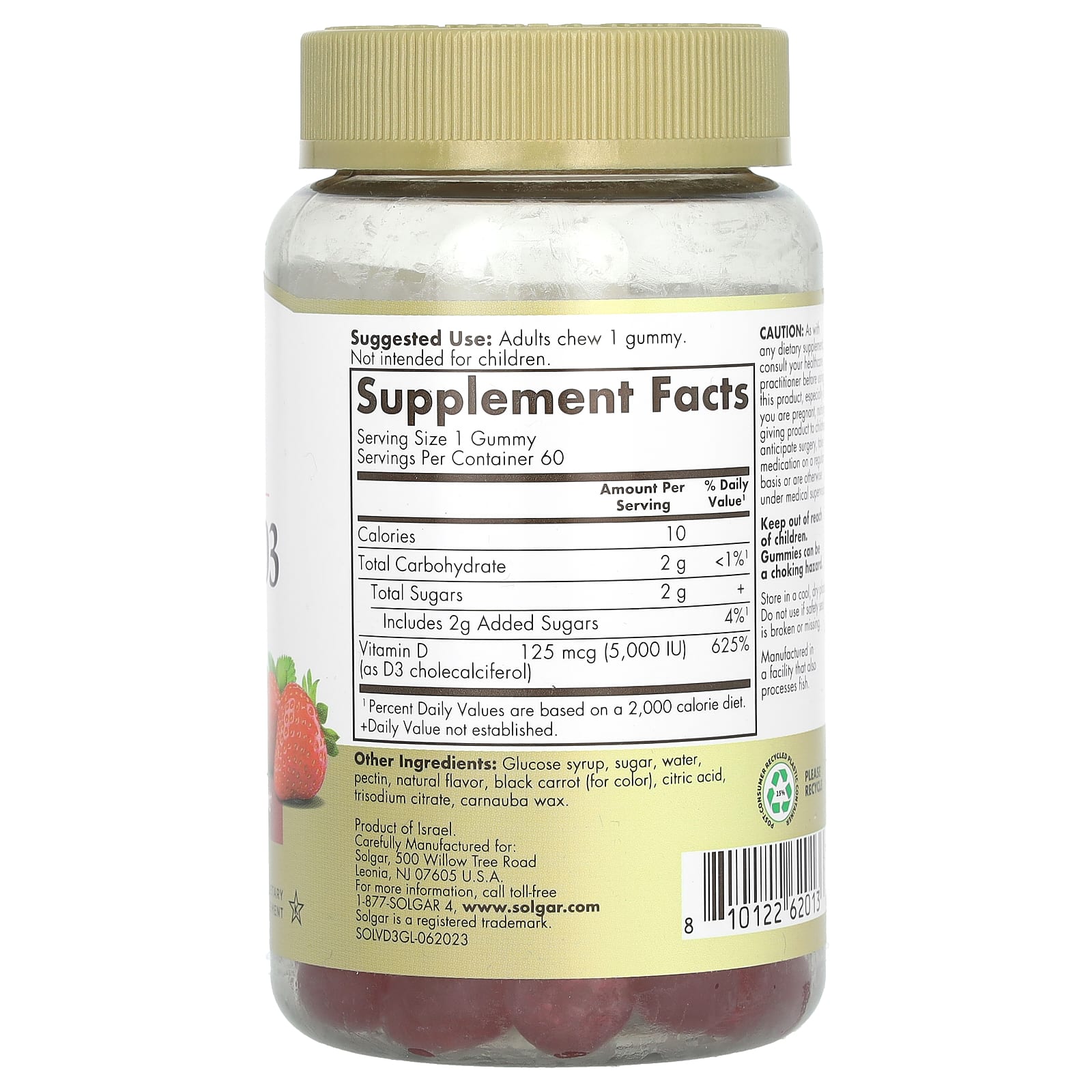 Solgar, Ultra Potency Vitamin D3 Gummies, Strawberry, 125 mcg (5,000 IU), 60 Gummies - Image 2