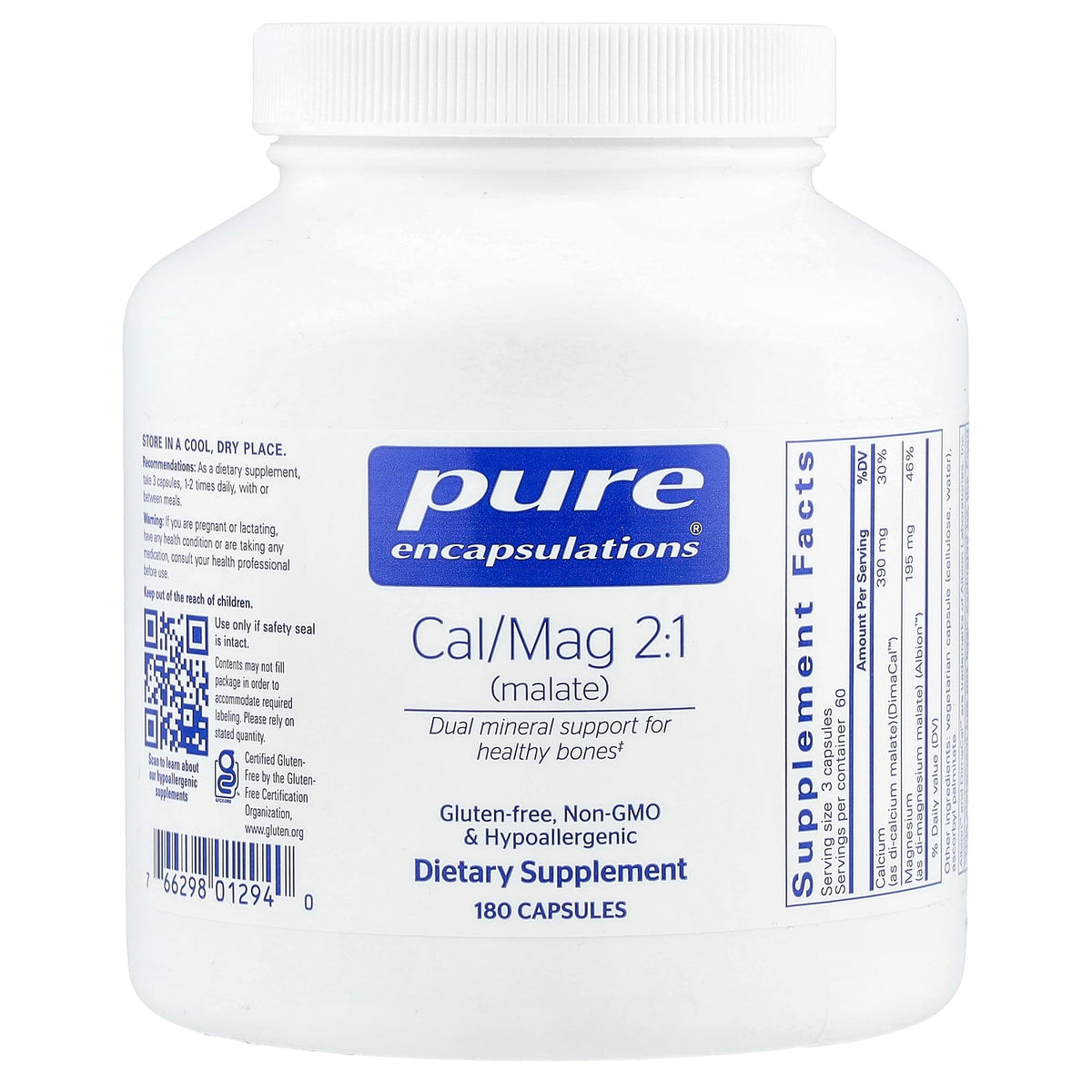 Pure Encapsulations, Cal/Mag 2:1 (Malate), 180 Capsules - Image 1