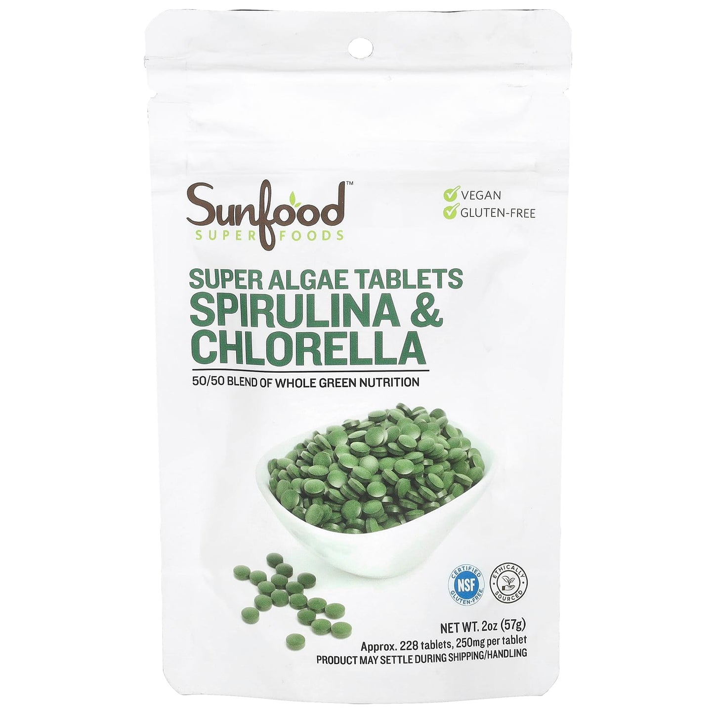 Sunfood, Super Algae Tablets, Spirulina & Chlorella, 250 mg, Approx. 228 Tablets, 2 oz (57 g) - Image 1