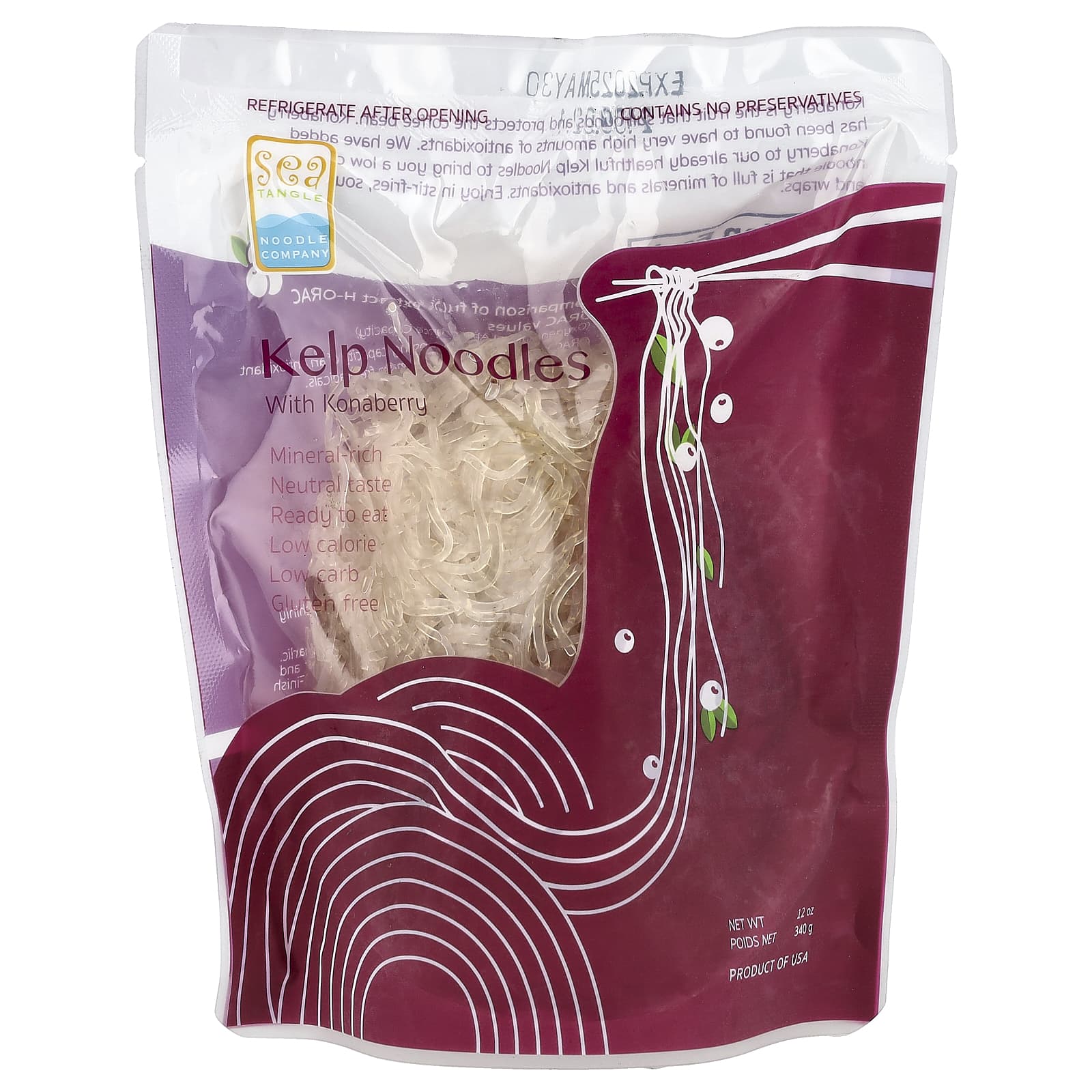 Sea Tangle Noodle Company, Kelp Noodles With Konaberry, 12 oz (340 g) - Image 1