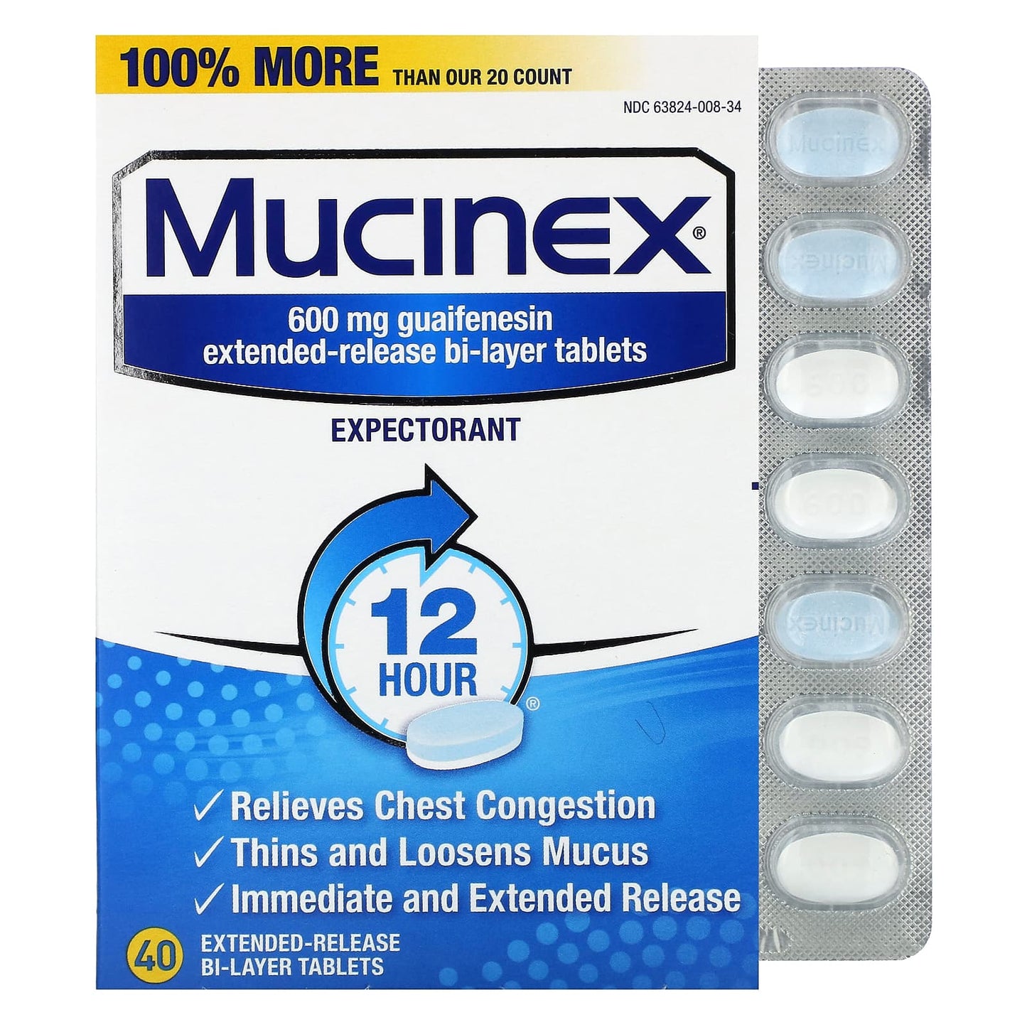 Mucinex, 600 mg, 40 Extended-Release Bi-Layer Tablets - Image 1