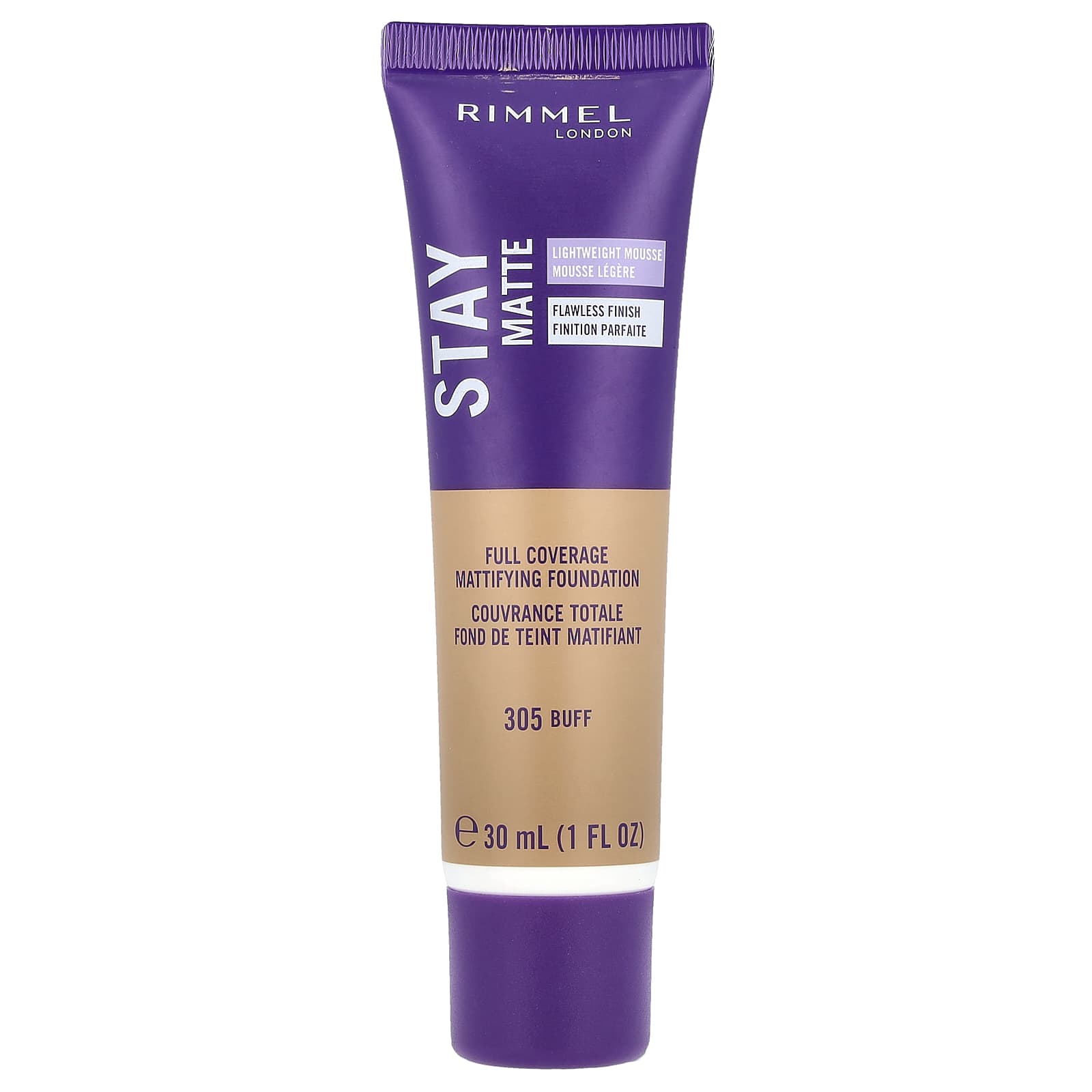 Rimmel London, Stay Matte, Full Coverage Mattifying Foundation, 305 Buff, 1 fl oz (30 ml) - Image 1