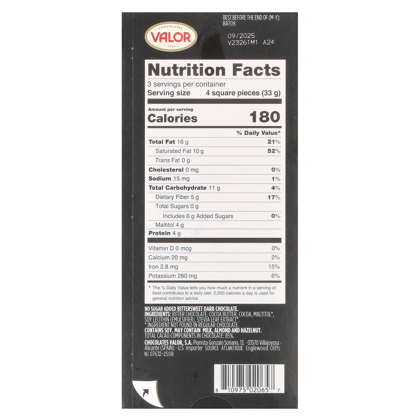 Valor, 0% Sugar Added, Dark Chocolate, 85% Cacao, 3.5 oz (100 g) - Image 2