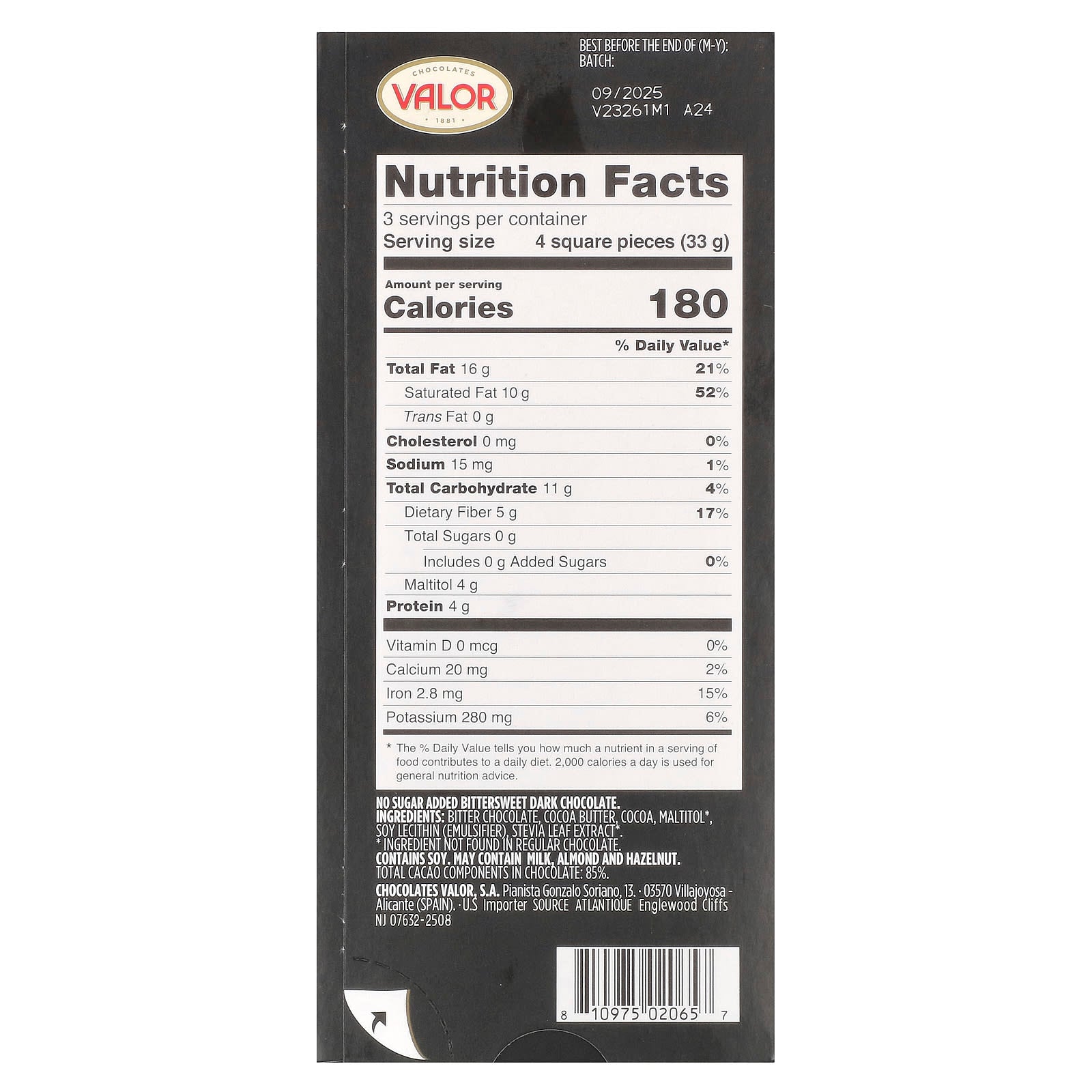 Valor, 0% Sugar Added, Dark Chocolate, 85% Cacao, 3.5 oz (100 g) - Image 2