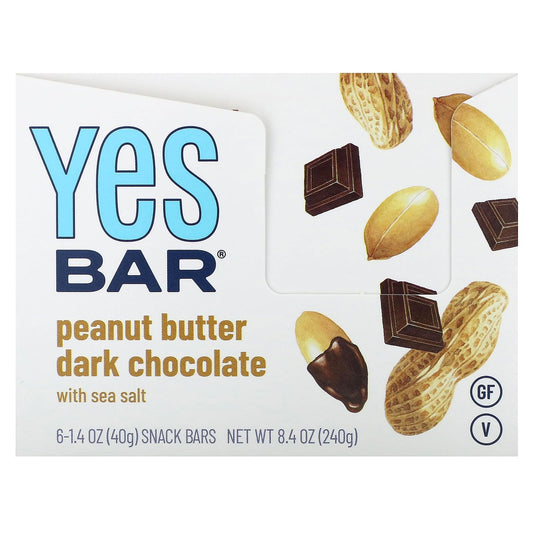 Yes Bar, Snack Bar, Peanut Butter Dark Chocolate with Sea Salt, 6 Bars, 1.4 oz (40 g) Each - Image 1