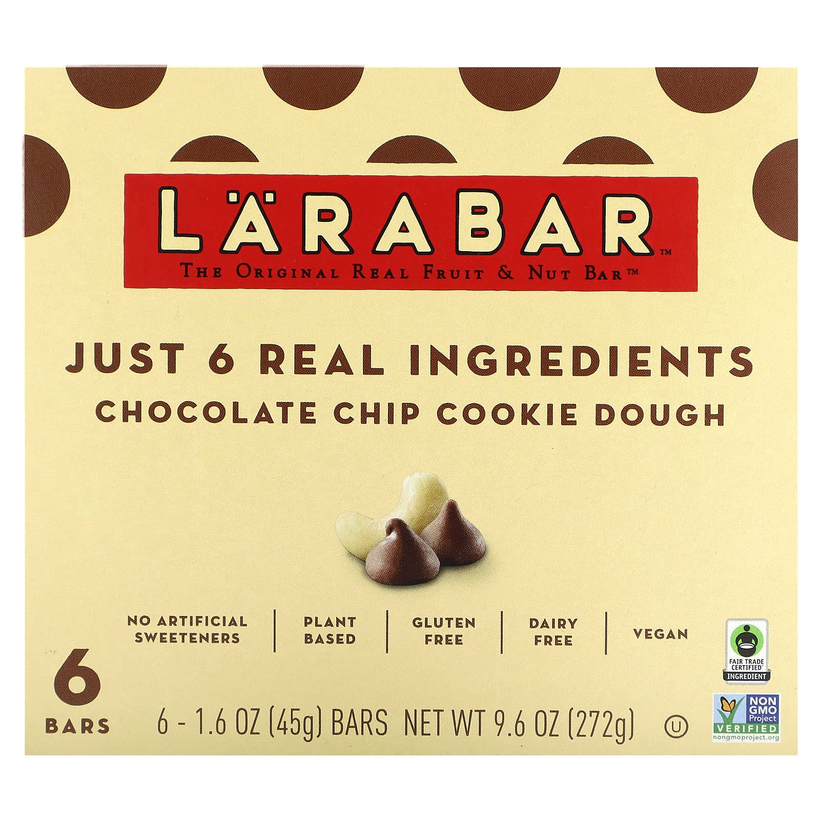 Larabar, The Original Real Fruit & Nut Bar, Chocolate Chip Cookie Dough, 6 Bars, 1.6 oz (45 g) - Image 1