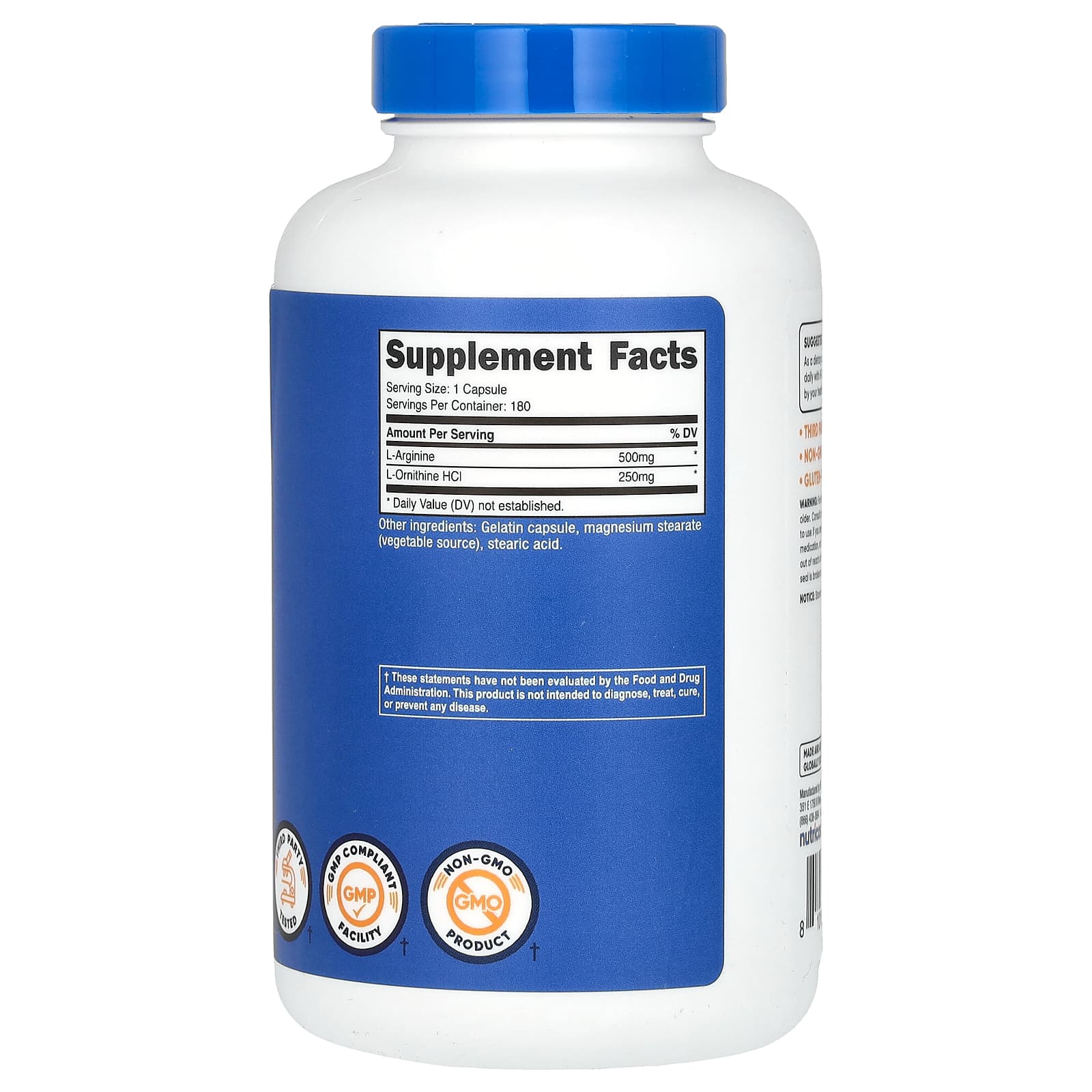 Nutricost, L-Arginine + L-Ornithine, 750 mg, 180 Capsules - Image 2