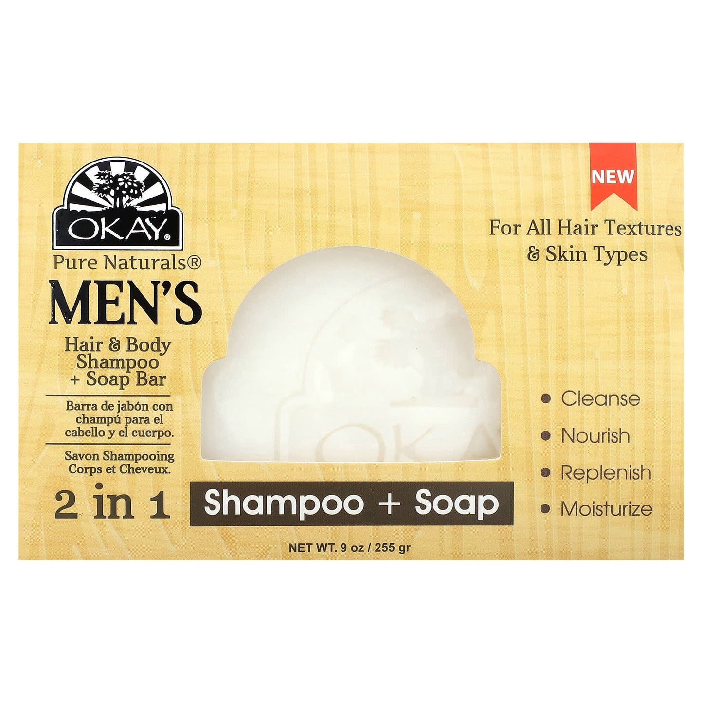 Okay Pure Naturals, Men's 2 in Shampoo + Soap, 1 Bar Soap, 9 oz (255 g) - Image 1
