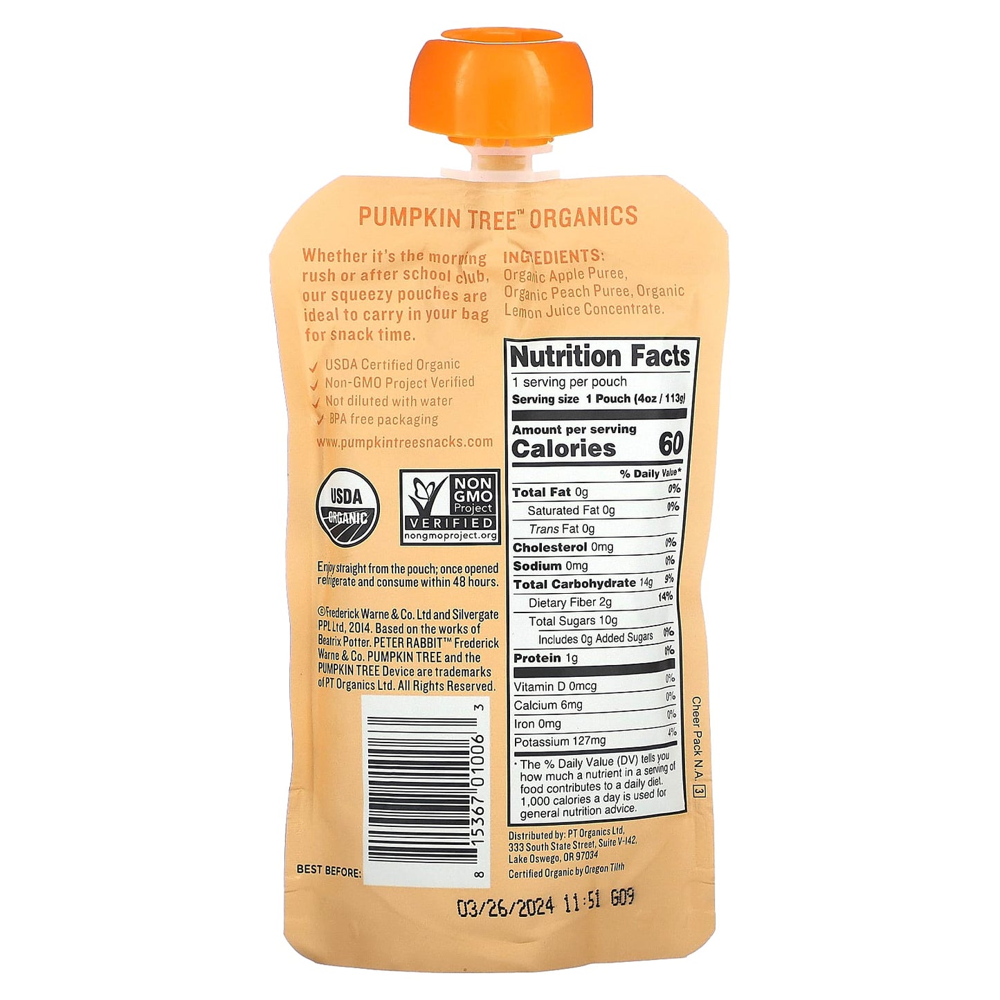 Pumpkin Tree Organics, Peter Rabbit Organics, Organic Fruit Puree, Apple & Peach, 4 oz (113 g) - Image 2