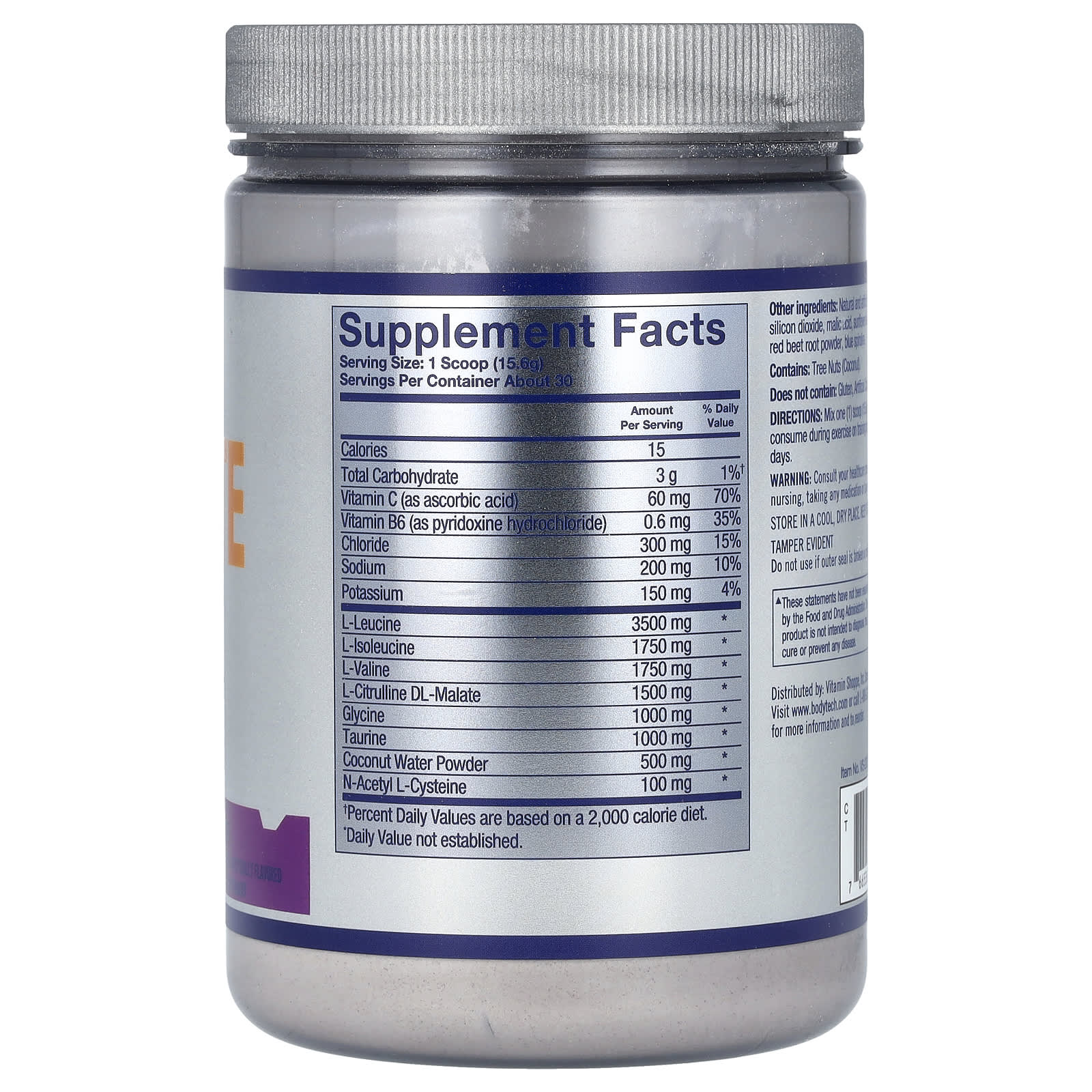 BodyTech Elite Ultimate BCAA Supplement, Grape Flavor, 16.5 oz (468g) - Image 2