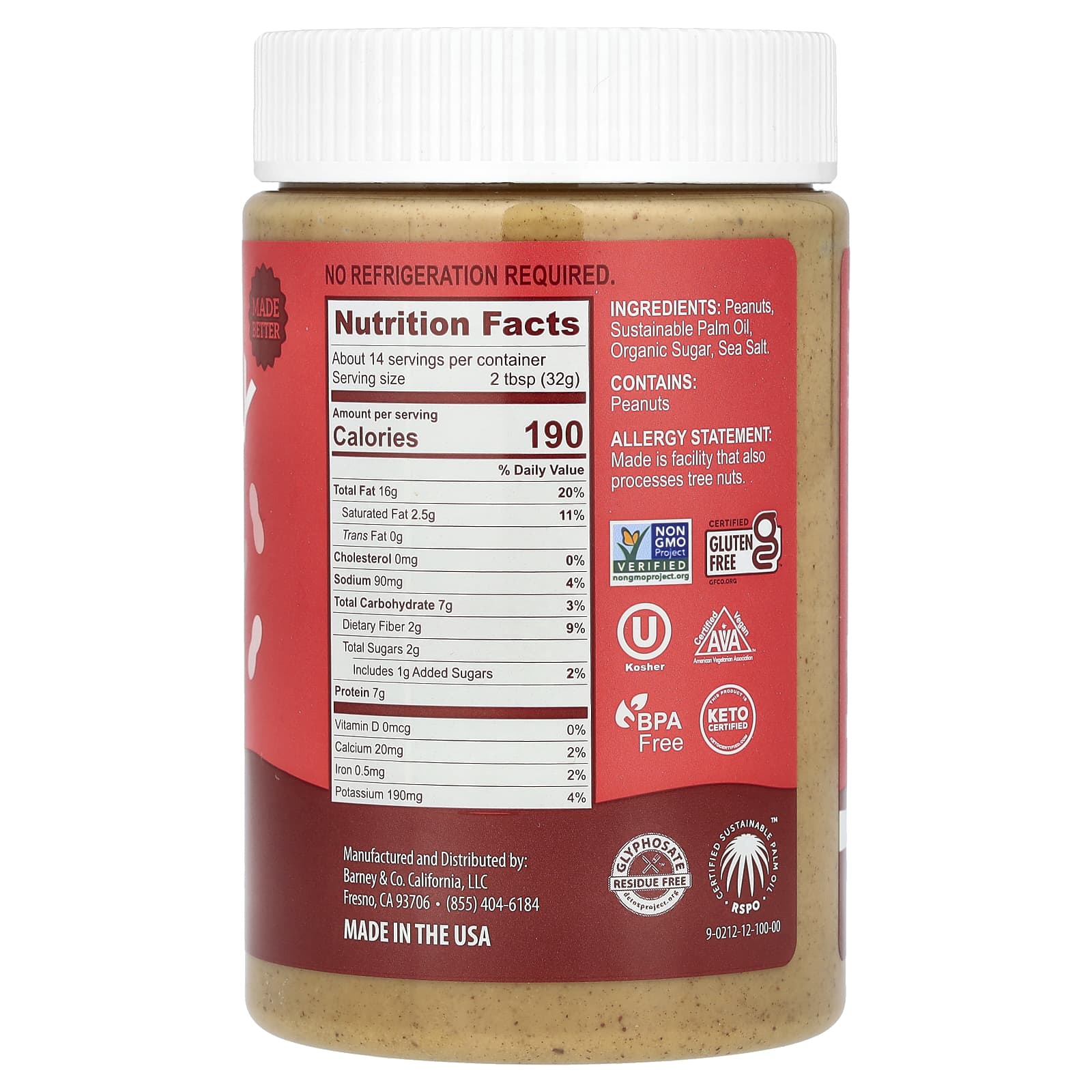 Barney Butter Smooth Peanut Butter Spread, 16 oz, Non-GMO, Vegan - Image 2