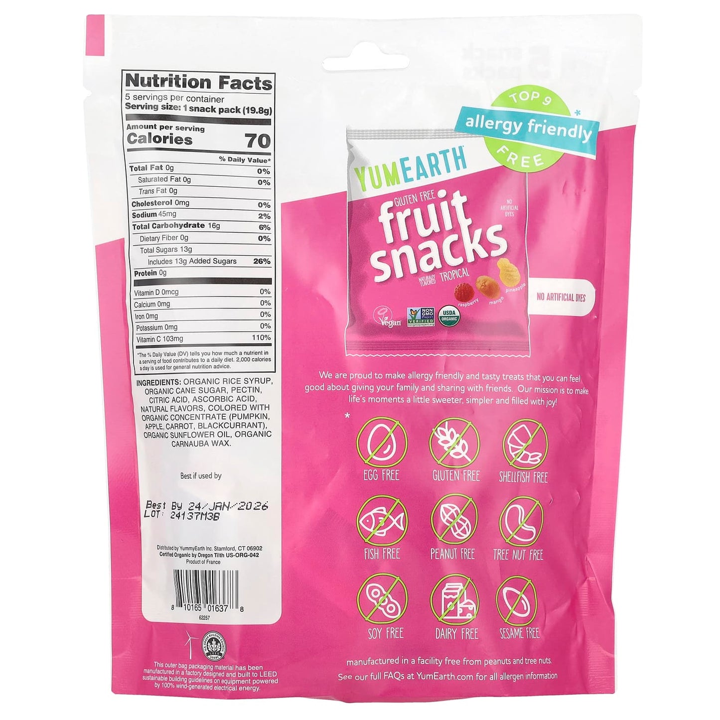 YumEarth, Gluten Free Fruit Snacks, Tropical, 5 Snack Packs, 0.7 oz (19.8 g) Each - Image 2