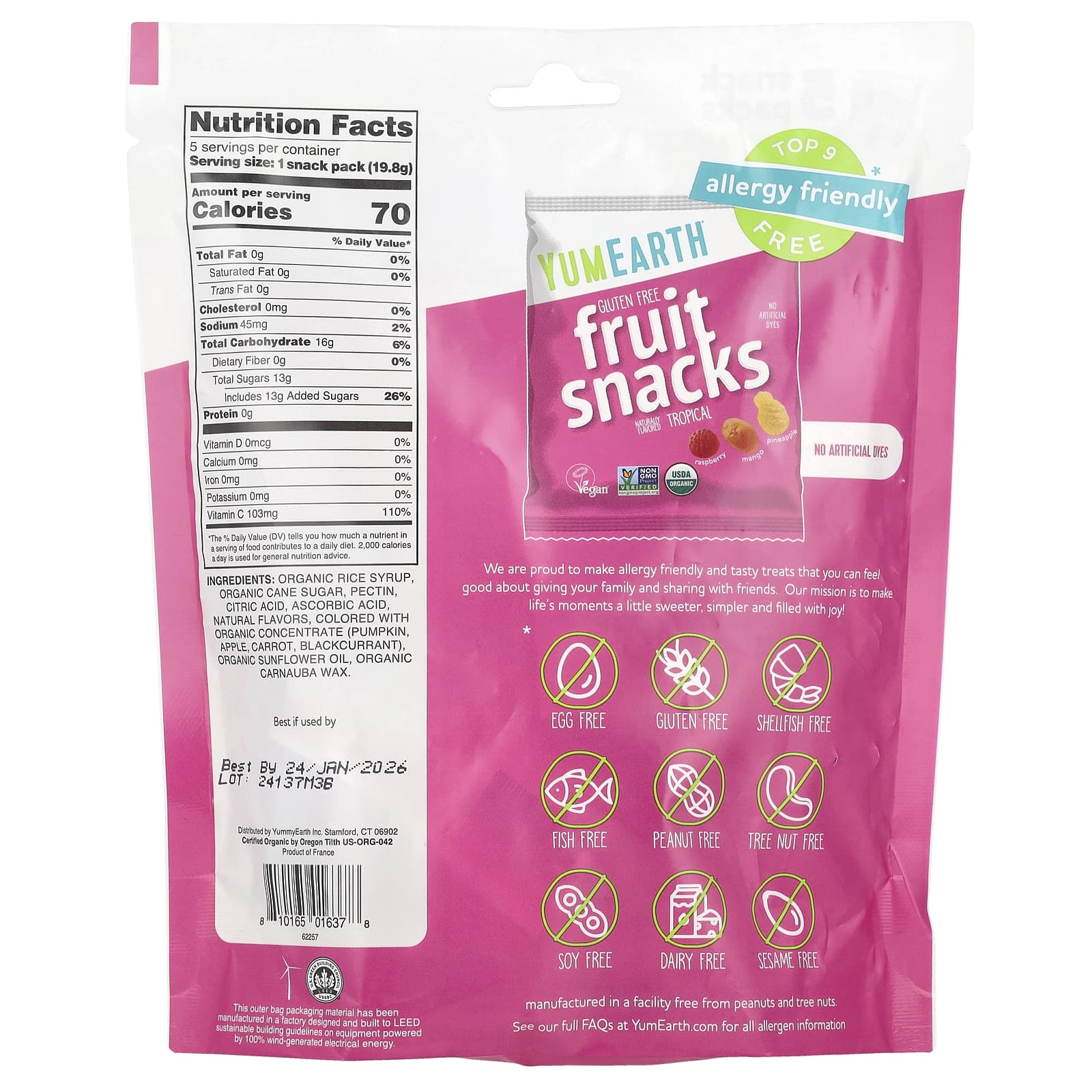 YumEarth, Gluten Free Fruit Snacks, Tropical, 5 Snack Packs, 0.7 oz (19.8 g) Each - Image 2