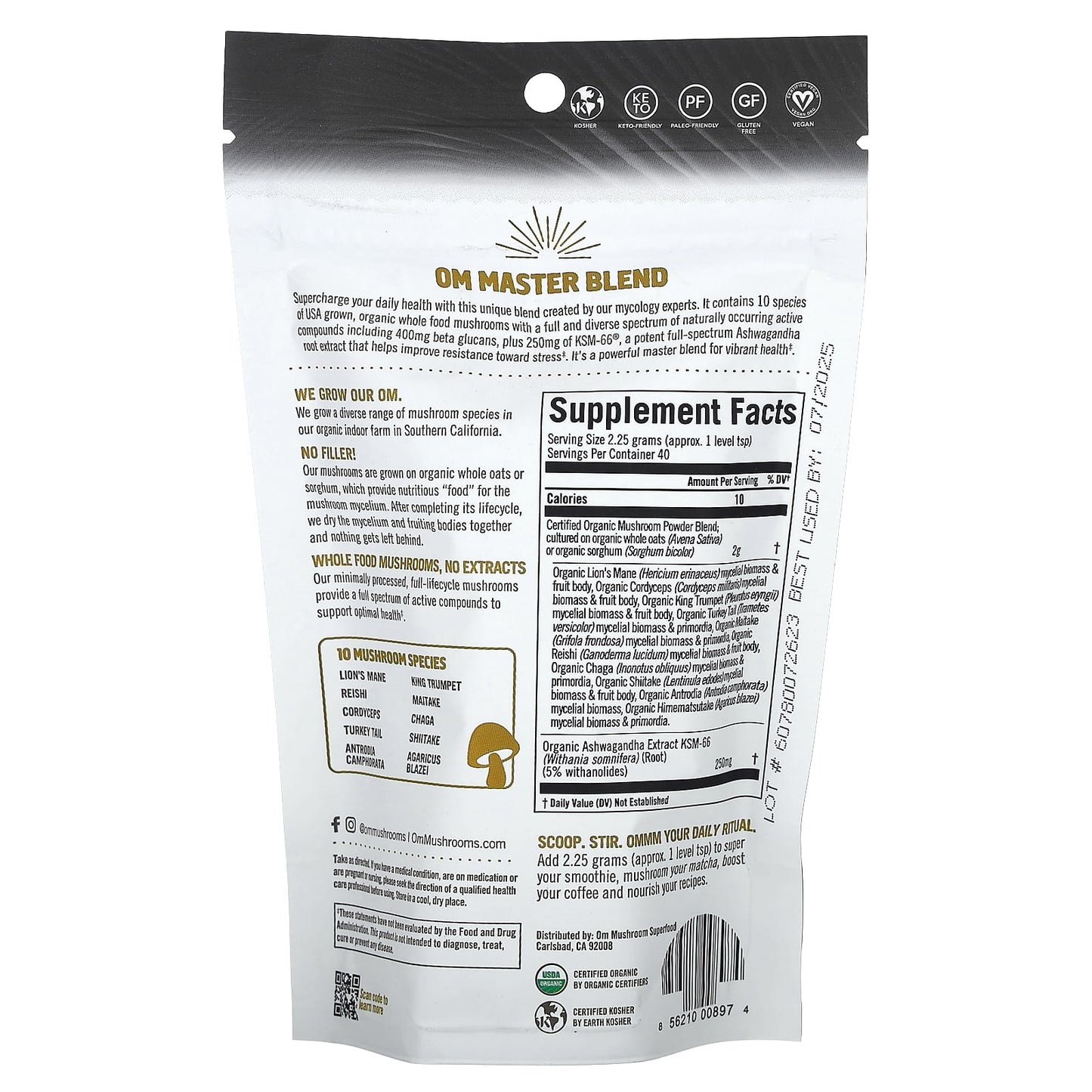 Om Mushrooms, Master Blend, Certified Organic Mushroom Powder + Botanicals, 3.17 oz (90 g) - Image 2