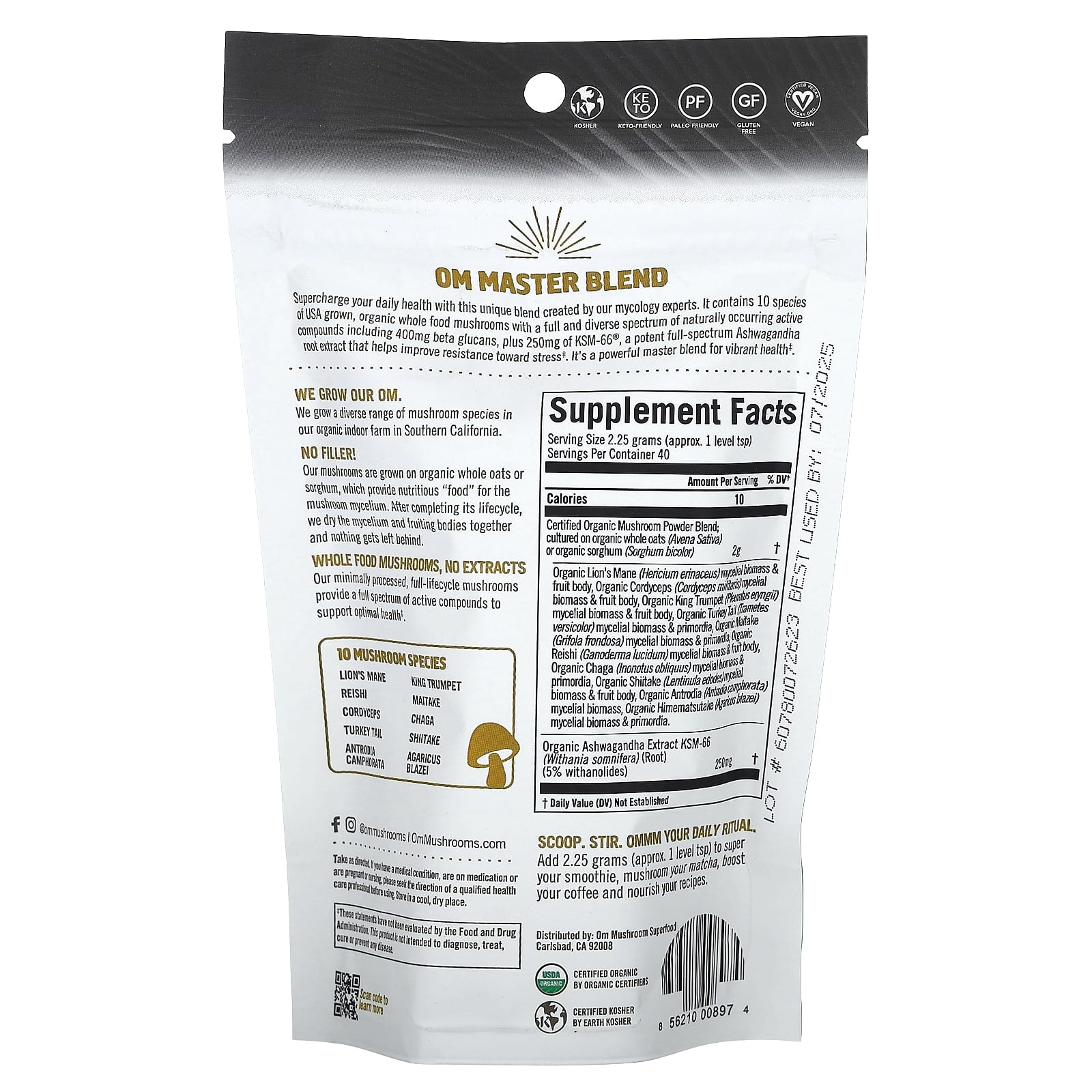 Om Mushrooms, Master Blend, Certified Organic Mushroom Powder + Botanicals, 3.17 oz (90 g) - Image 2
